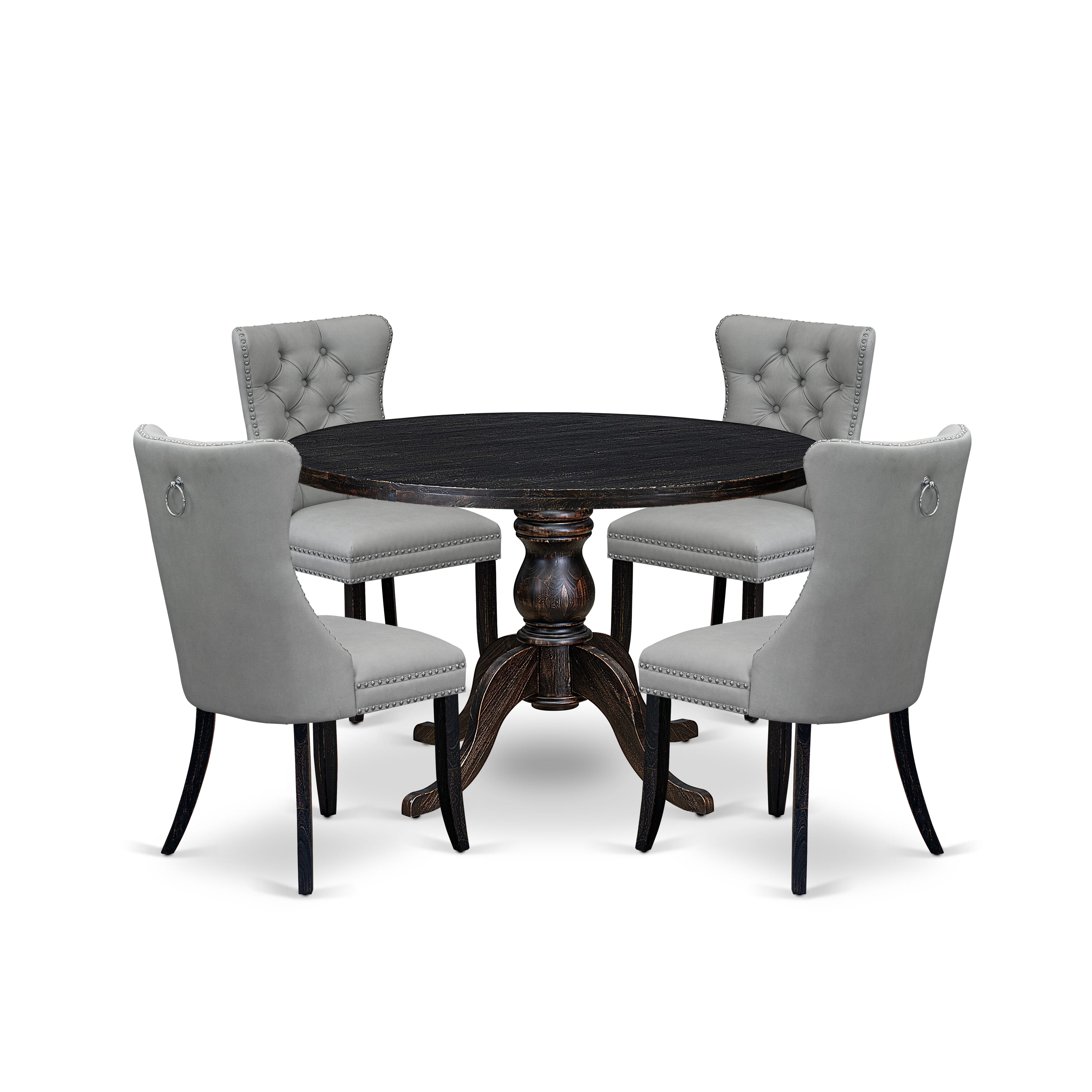 Luxe by East West Furniture I6DA5-411-27 5 Piece Dining Table Set Includes a 48" Round Table with Pedestal and 4 Light Gray Faux Leather Parson Chairs, Sand Blasted Black