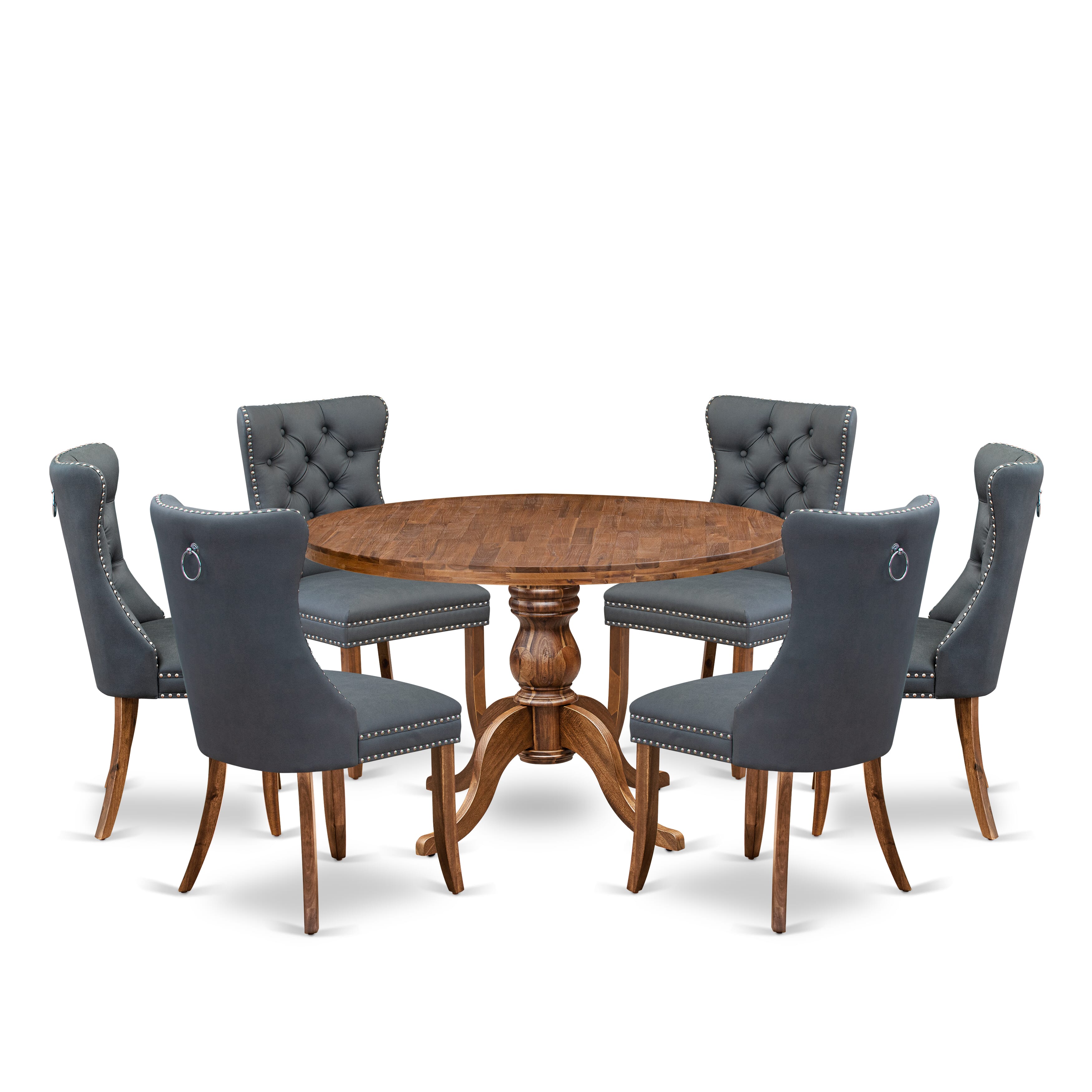 Luxe by East West Furniture I6DA7-40N-13 7-piece Dining table set consists of a Dining Table and 6 Platinum Gray Faux Leather Dining Room Chairs with Button Tufted Back - Antique Walnut Finish