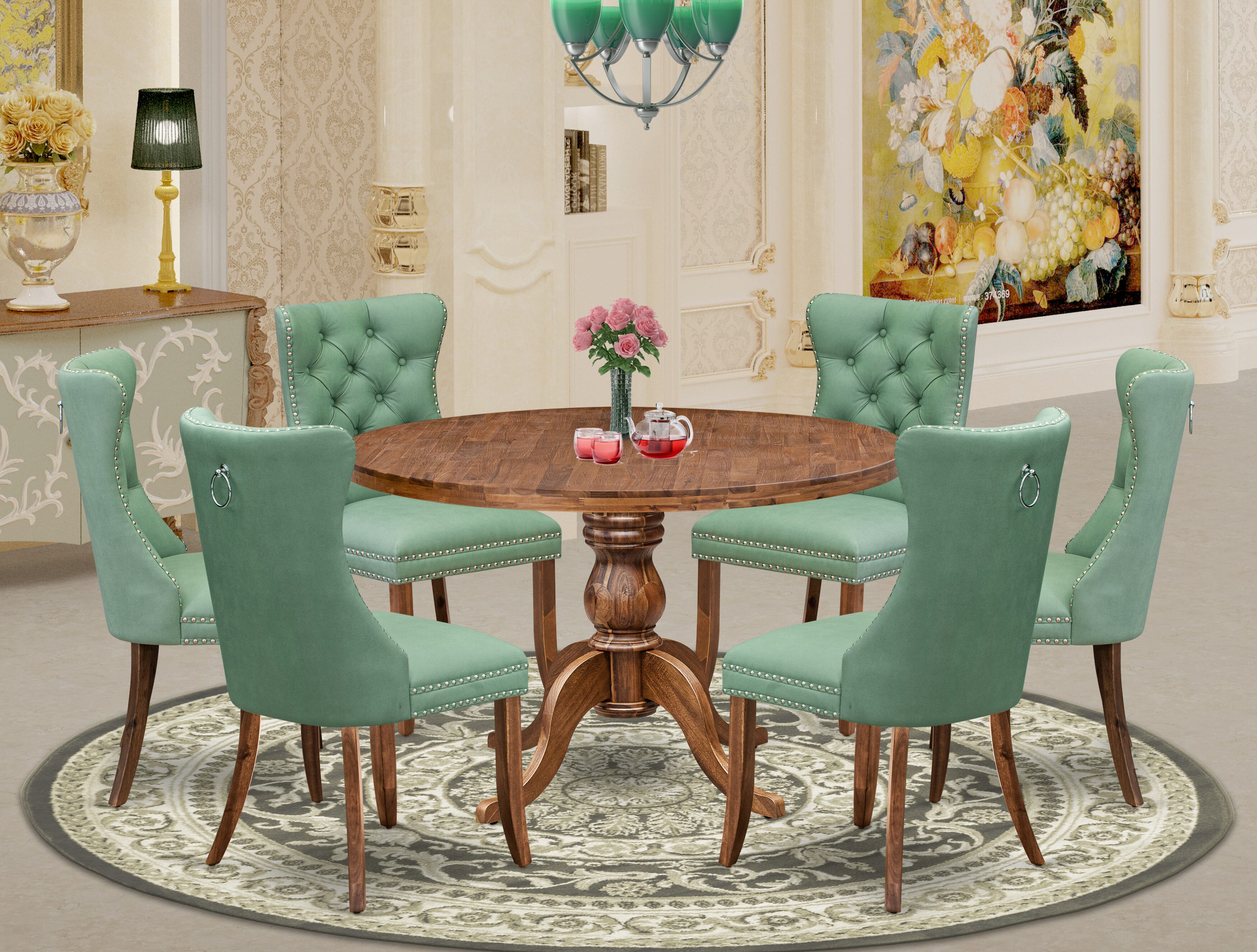 Luxe by East West Furniture I6DA7-40N-22 7-Pc Dining Set Contain a Mid Century Table and 6 Willow Green Faux Leather Upholstered Chairs with Button-Tufted Back, Antique Walnut