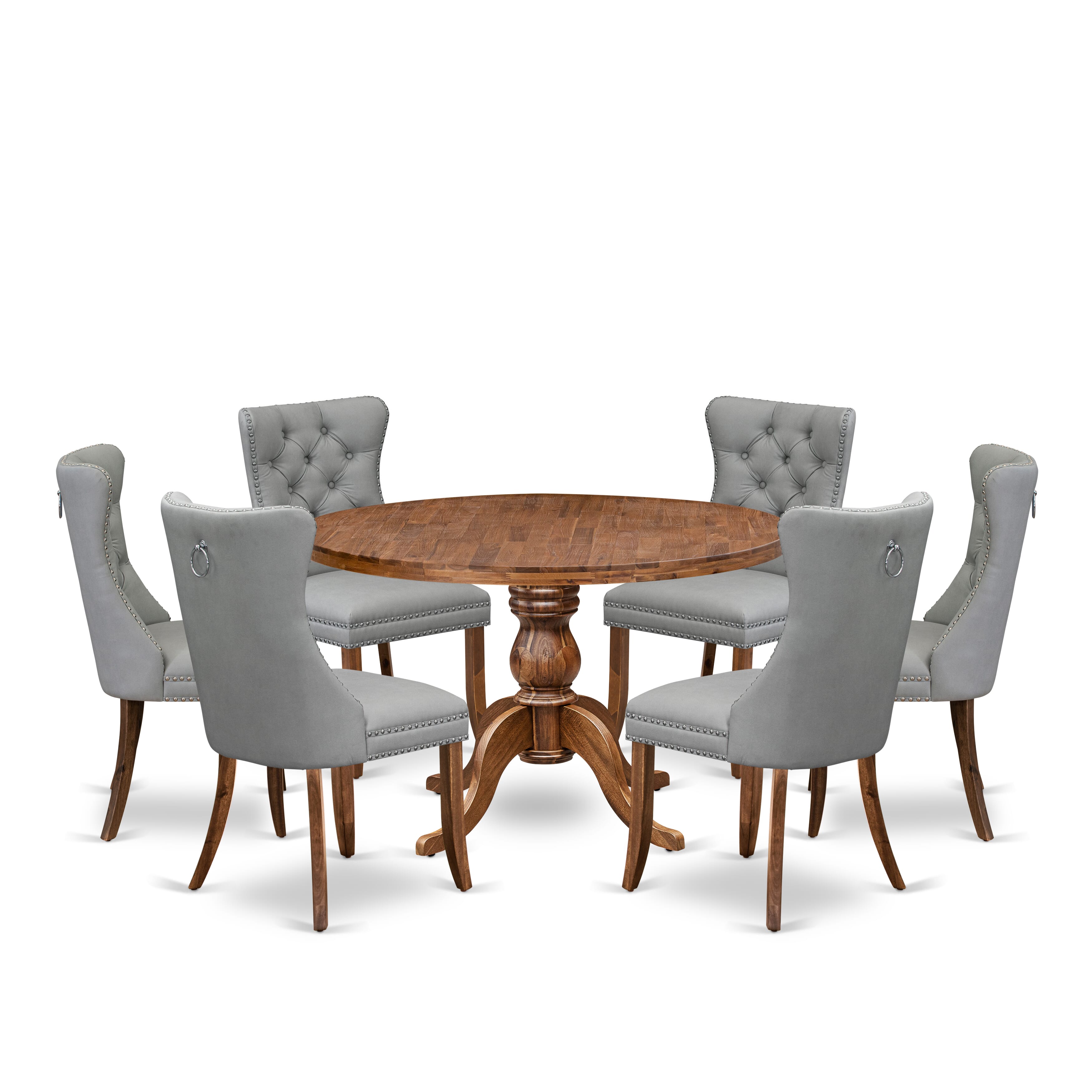 Luxe by East West Furniture I6DA7-40N-27 7-Pc Dining Set Contain a Mid Century Dining Table and 6 Light Gray Faux Leather Chairs with Button-Tufted Back, Antique Walnut