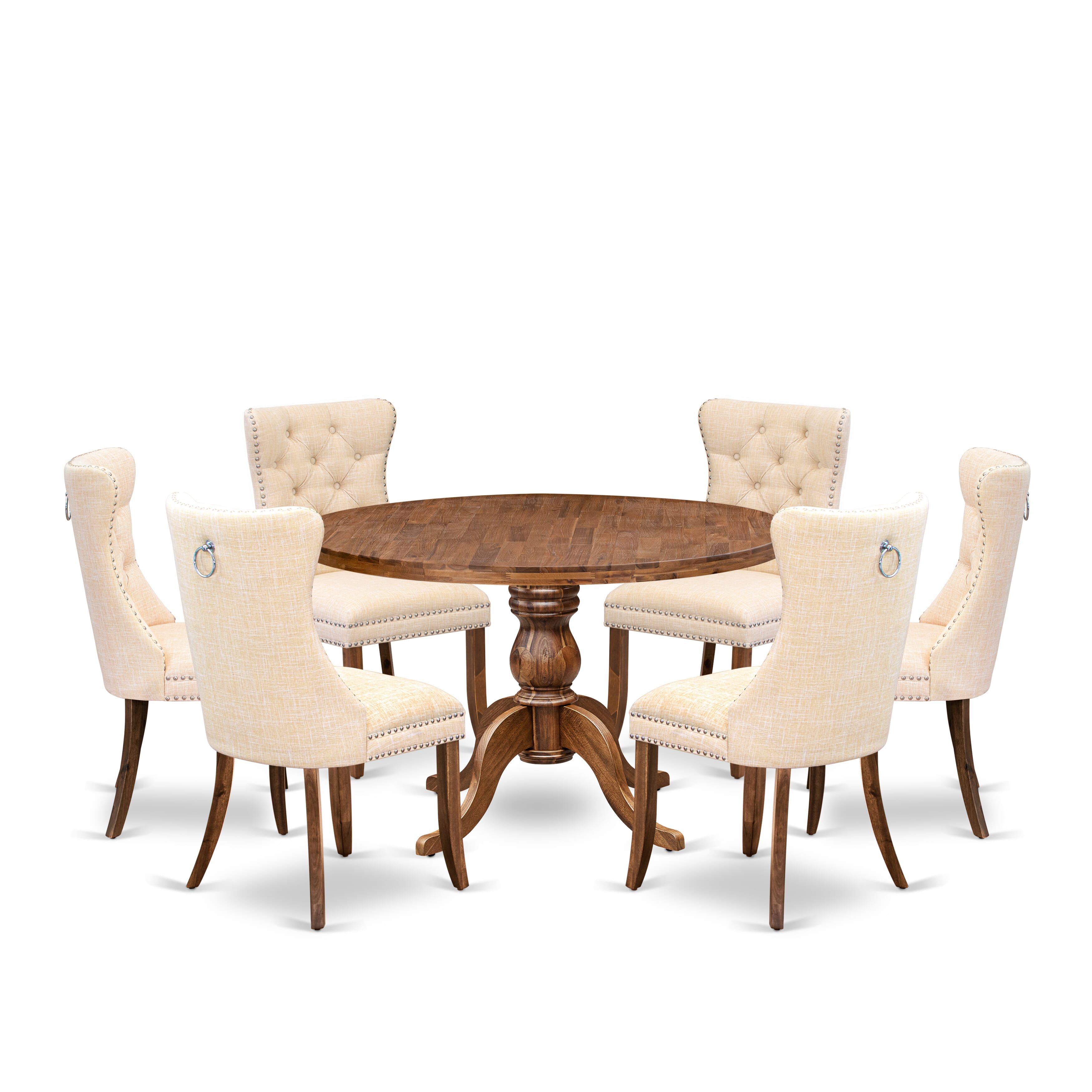 Luxe by East West Furniture I6DA7-40N-32 7-Piece Kitchen Table Set with Linen Fabric 6 Light Beige dining room chairs, Button-Tufted Backs, and a 48"Round Kitchen Table in Antique Walnut Finish.