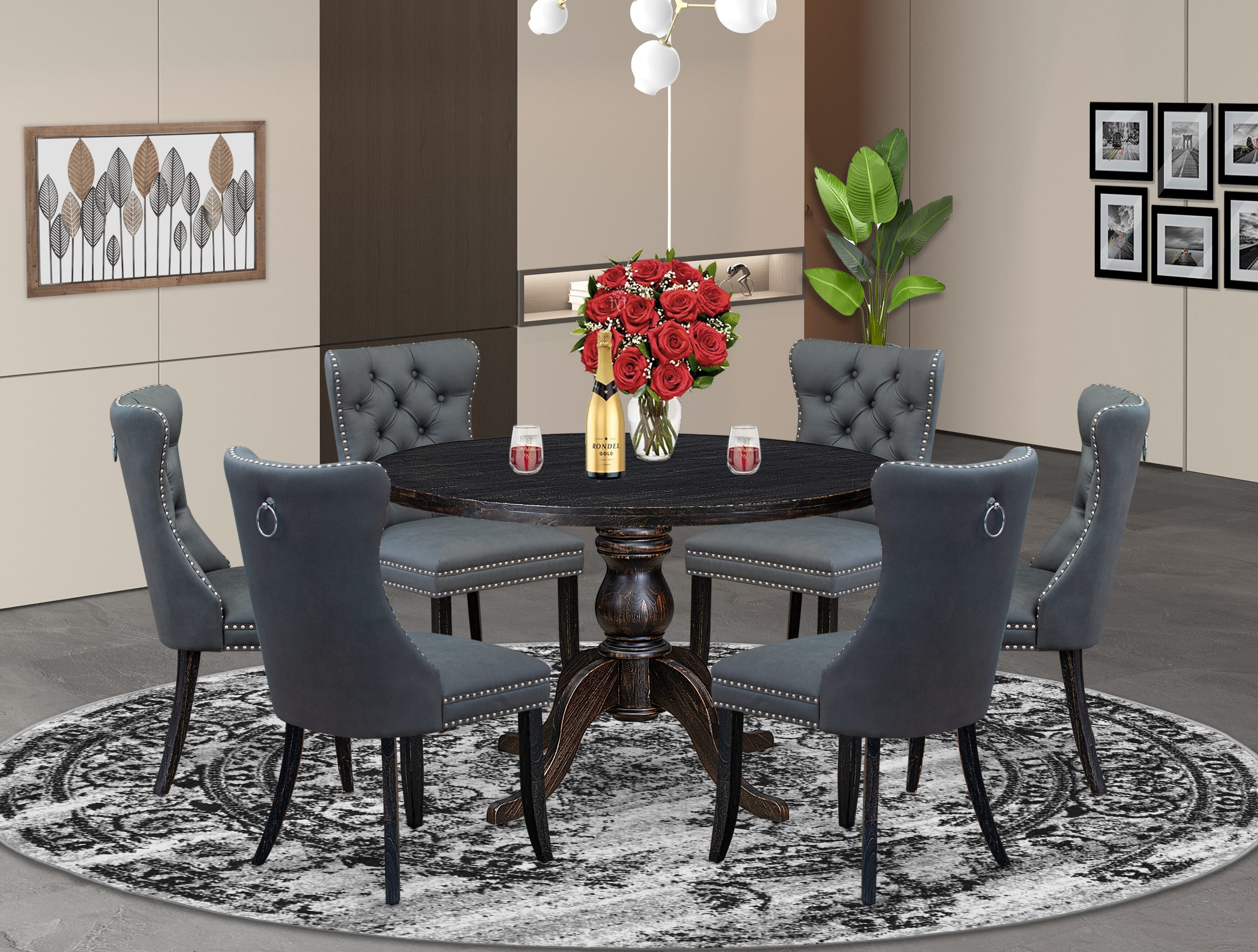 Luxe by East West Furniture I6DA7-411-13 7-piece Dining Room Set with Faux Leather 6 Platinum Gray kitchen chairs, Button-Tufted Backs, and a 48"Round Kitchen Table in Sand Blasted Black Finish.