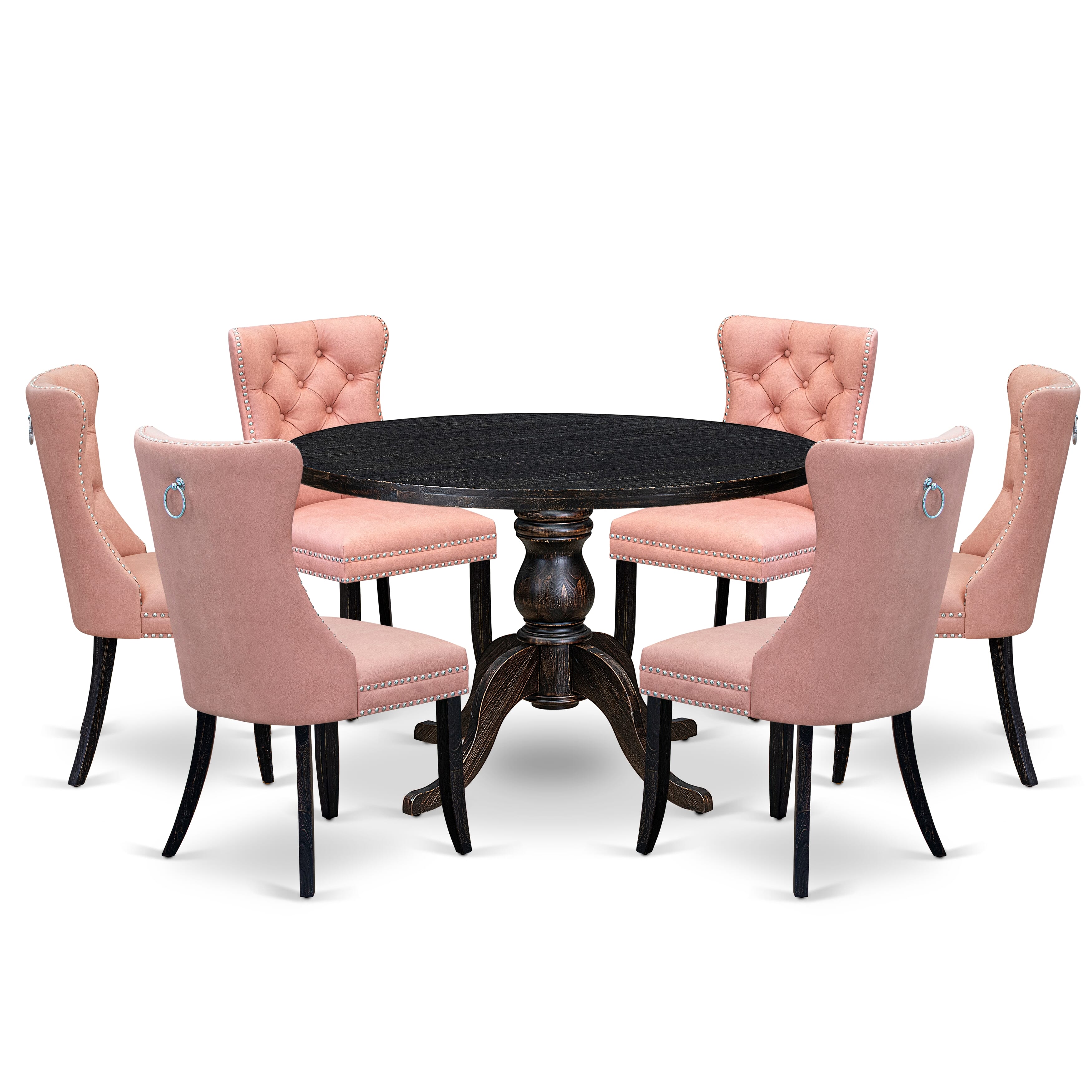 Luxe by East West Furniture I6DA7-411-23 7 Piece Dining Set Consists of a 48" Round Table with Pedestal and 6 Beige Red Faux Leather Upholstered Chairs, Sand Blasted Black