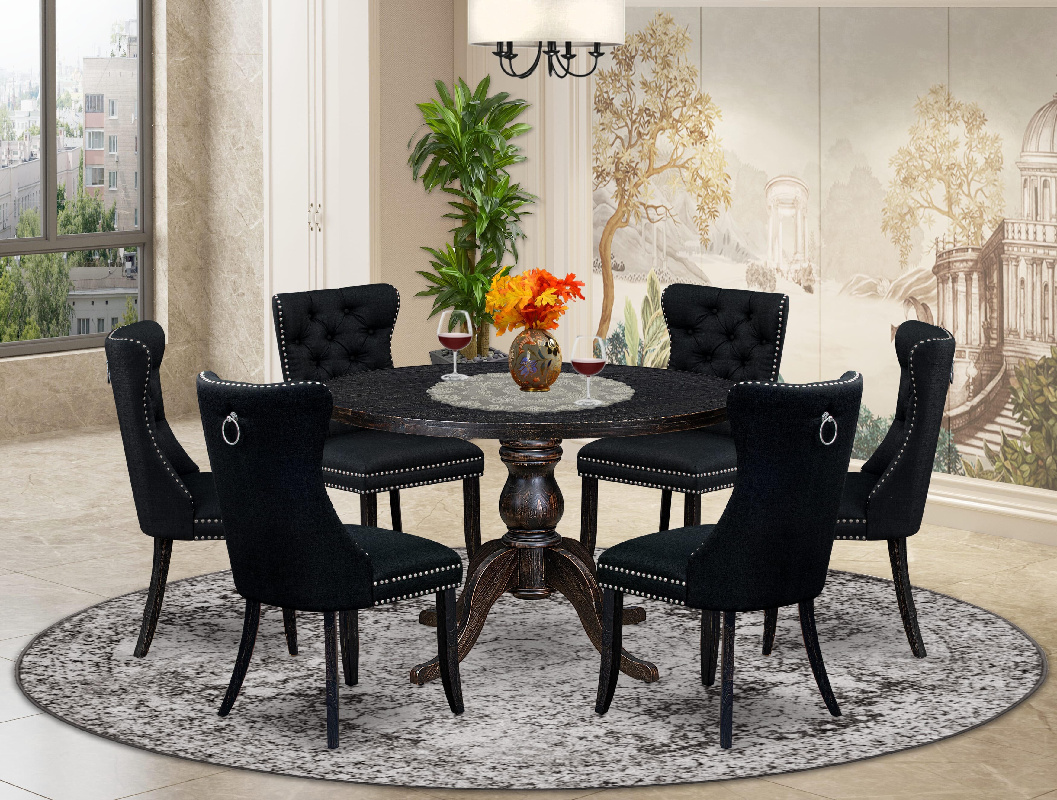 Luxe by East West Furniture -I6DA7-411-24 7-piece Dining Set included a dinning table and 6 Black Linen Fabric dining chair with Button Tufted Back - Sand Blasted Black Finish