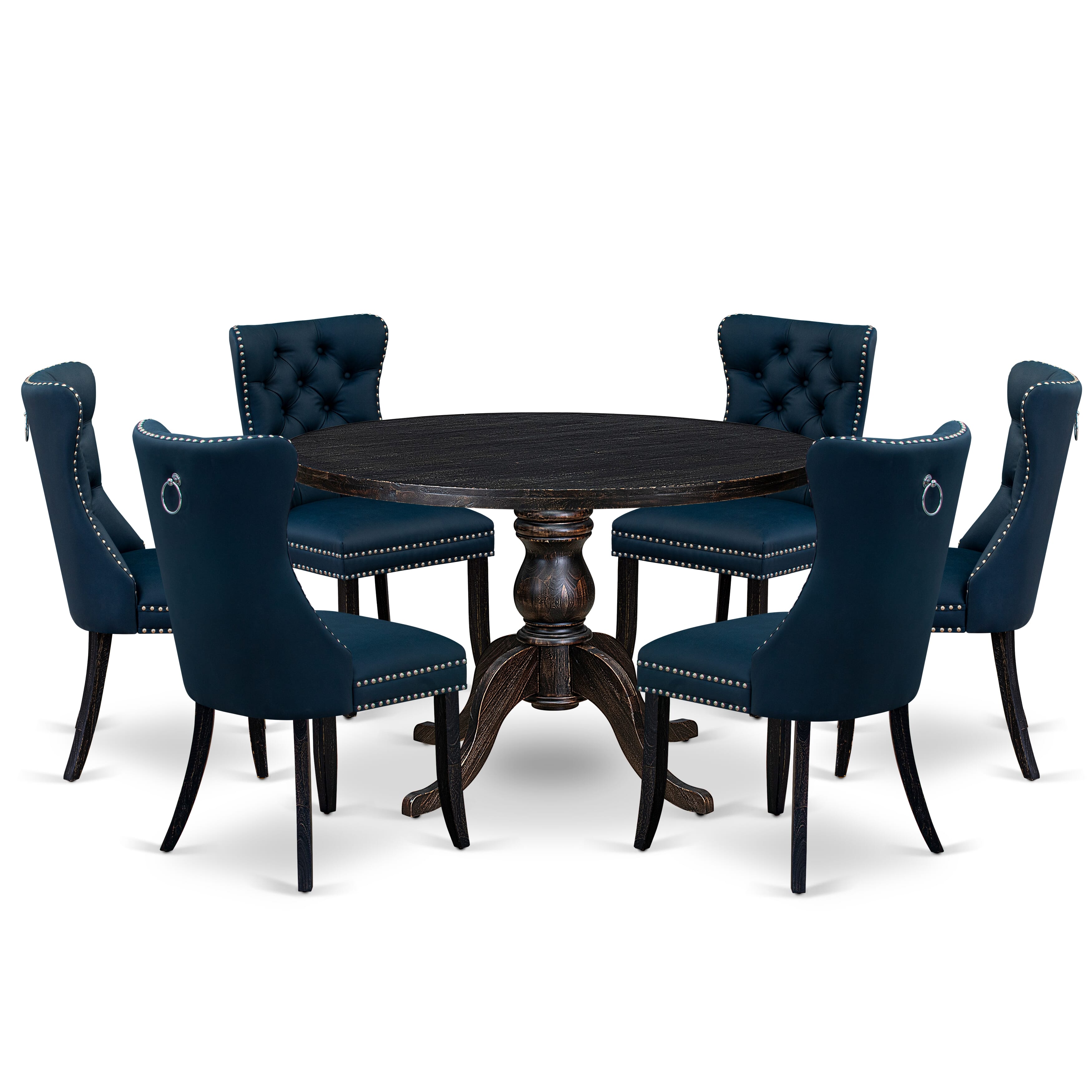 Luxe by East West Furniture I6DA7-411-29 7 Piece Dining Table Set Consists of a 48" Round Table with Pedestal and 6 Navy Blue Faux Leather Padded Chairs, Sand Blasted Black