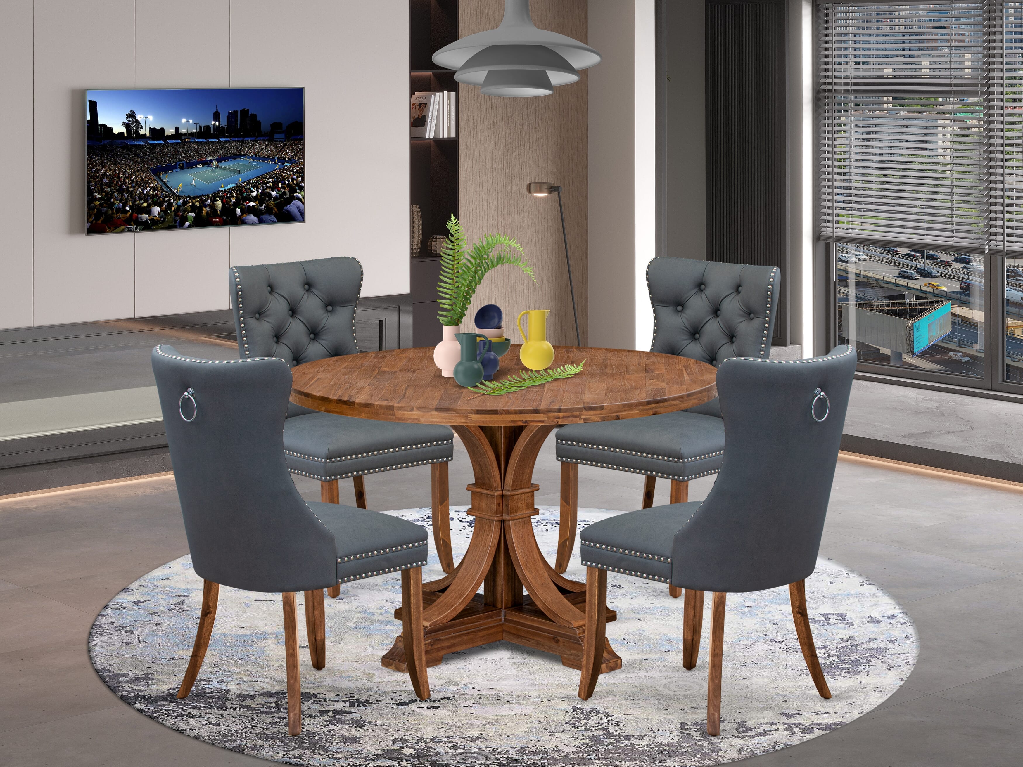 Luxe by East West Furniture I7DA5-40N-13 5-piece Kitchen table set included a Modern Dining Table and 4 Platinum Gray Faux Leather Kitchen Chairs with Button Tufted Back - Antique Walnut Finish