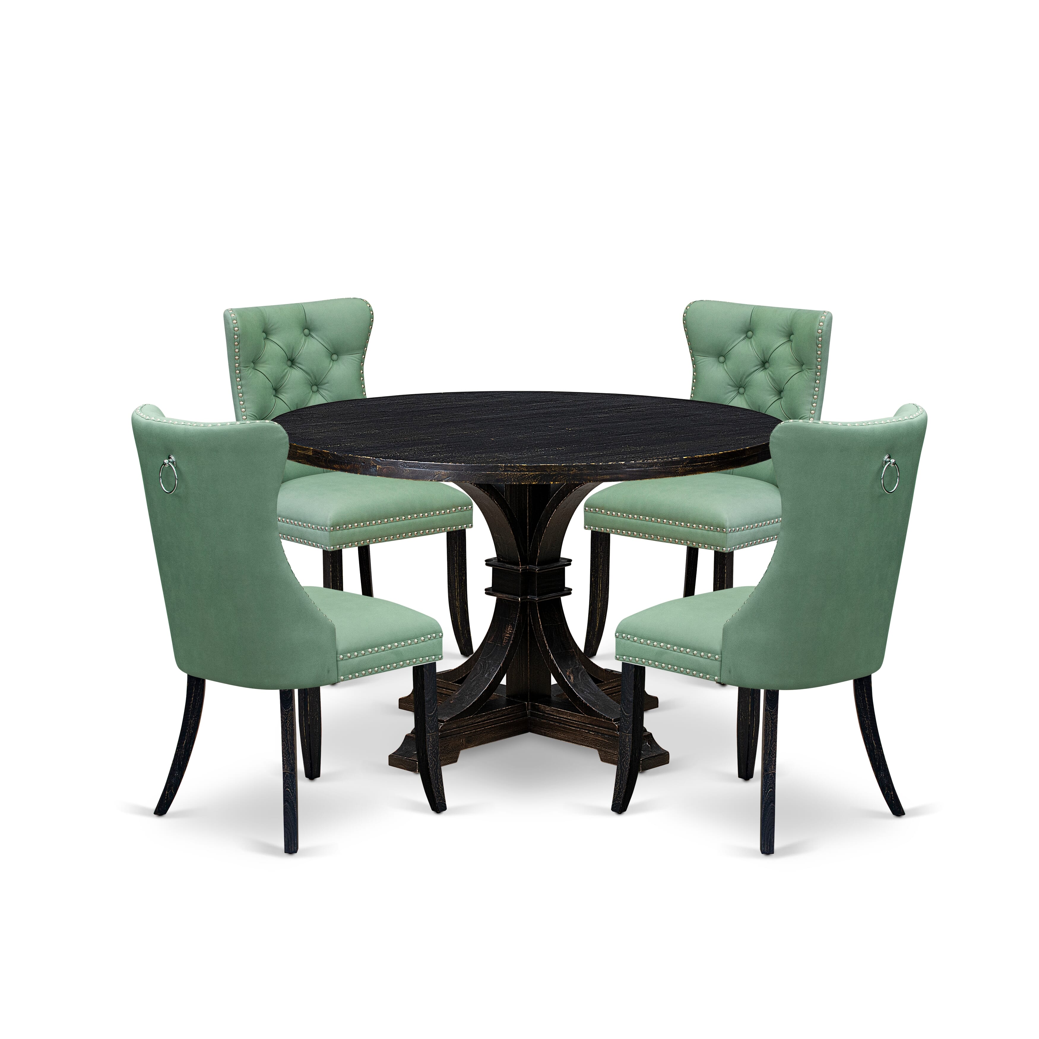 Luxe by East West Furniture I7DA5-411-22 5 Piece Dining Set Contains a 48" Round Table with Pedestal and 4 Willow Green Faux Leather Upholstered Chairs, Sand Blasted Black
