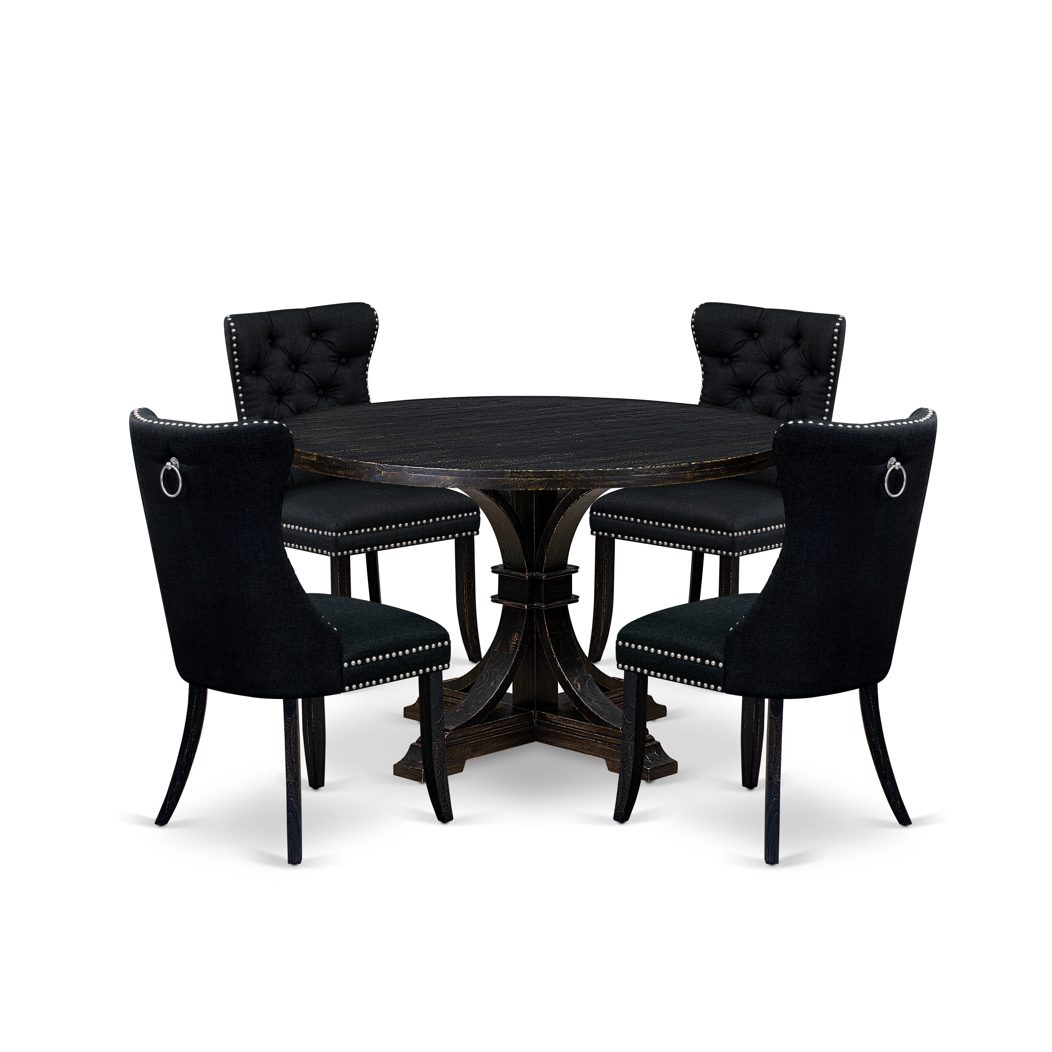 Luxe by East West Furniture I7DA5-411-24 5-pc Dining Room Set consists of a dinner table and 4 Black Linen Fabric kitchen chair with Button Tufted Back - Sand Blasted Black