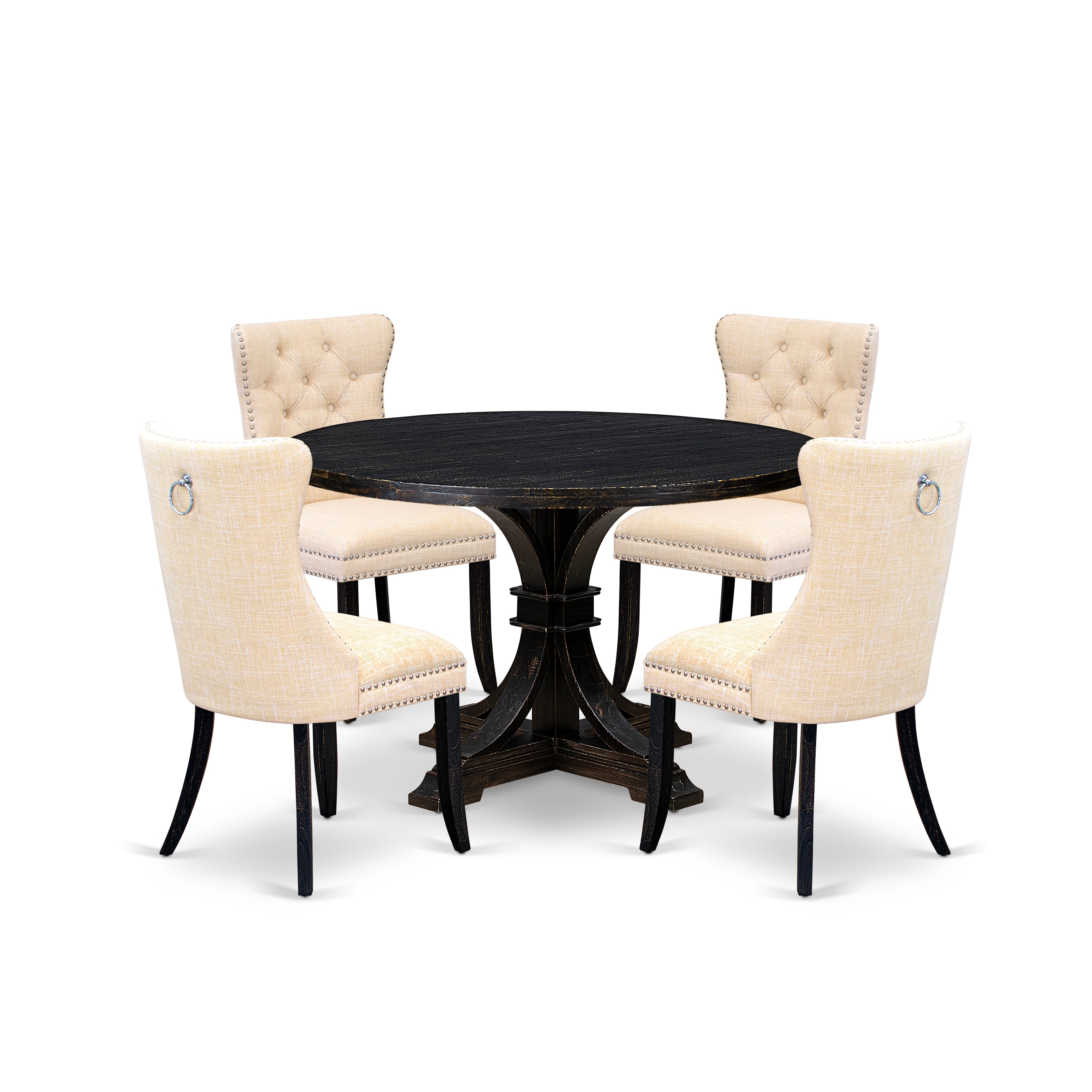 Luxe by East West Furniture I7DA5-411-32 5-pc Dining Table Set included a dining table and 4 Light Beige Linen Fabric dinner chairs with Button Tufted Back -Sand Blasted Black