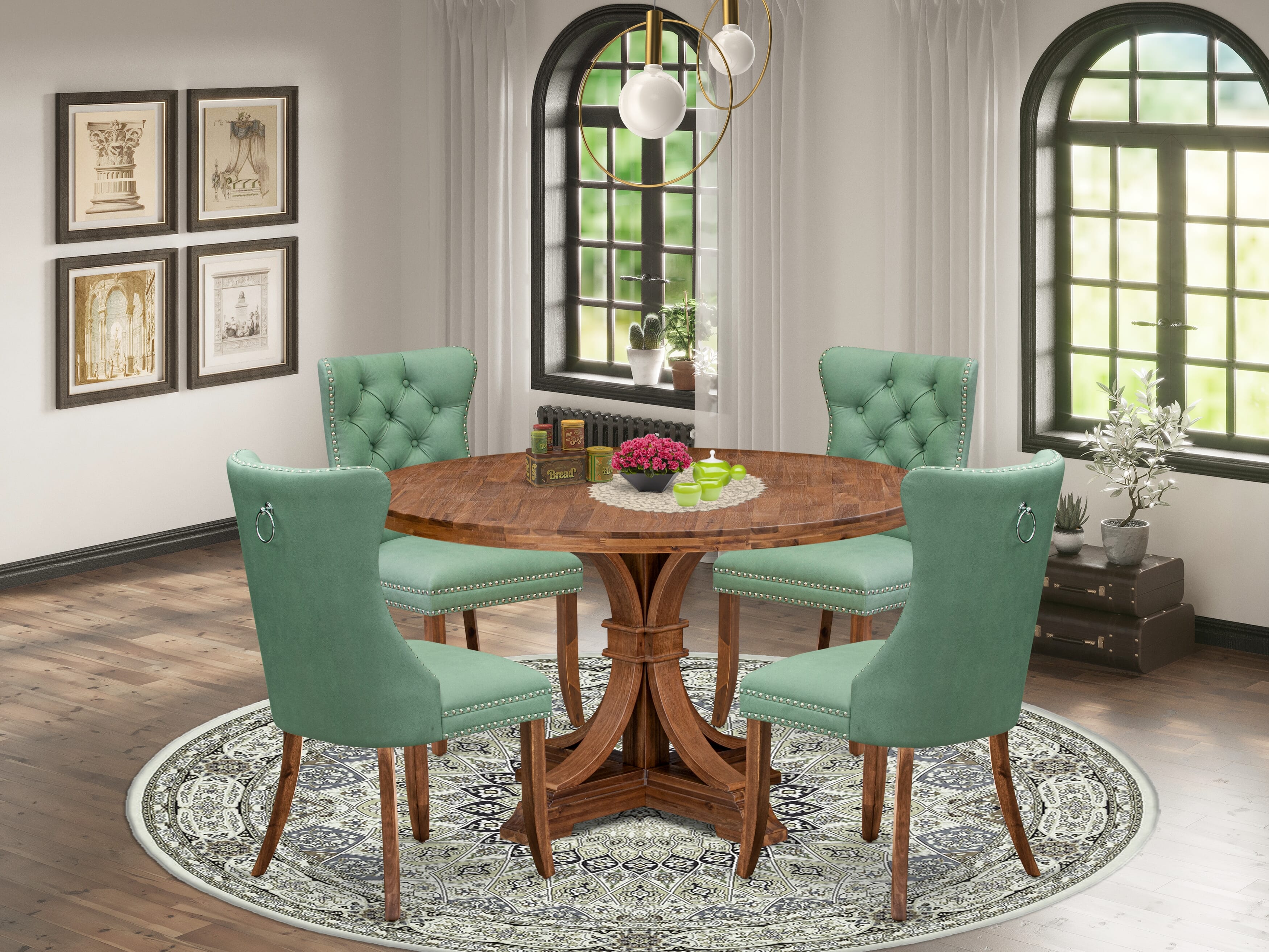 Luxe by East West Furniture I7DA5-50N-22 5-Pc Kitchen Dining Table Set Consist a Kitchen Table and 4 Willow Green Faux Leather Chairs with Button-Tufted Back, Antique Walnut