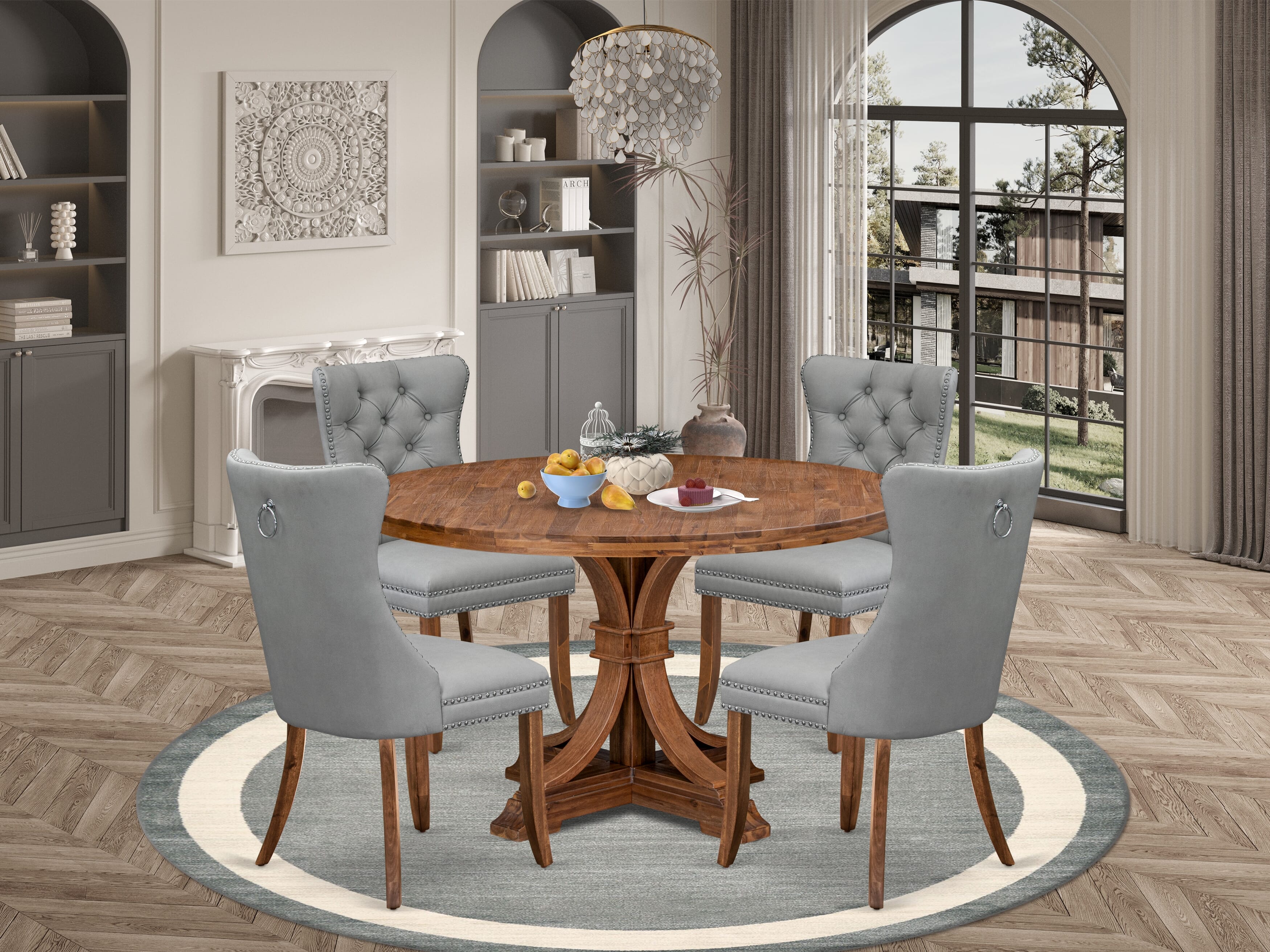 Luxe by East West Furniture I7DA5-50N-27 5-Pc Mid Century Dining Set Consist a Kitchen Table and 4 Light Gray Faux Leather Chairs with Button-Tufted Back, Antique Walnut