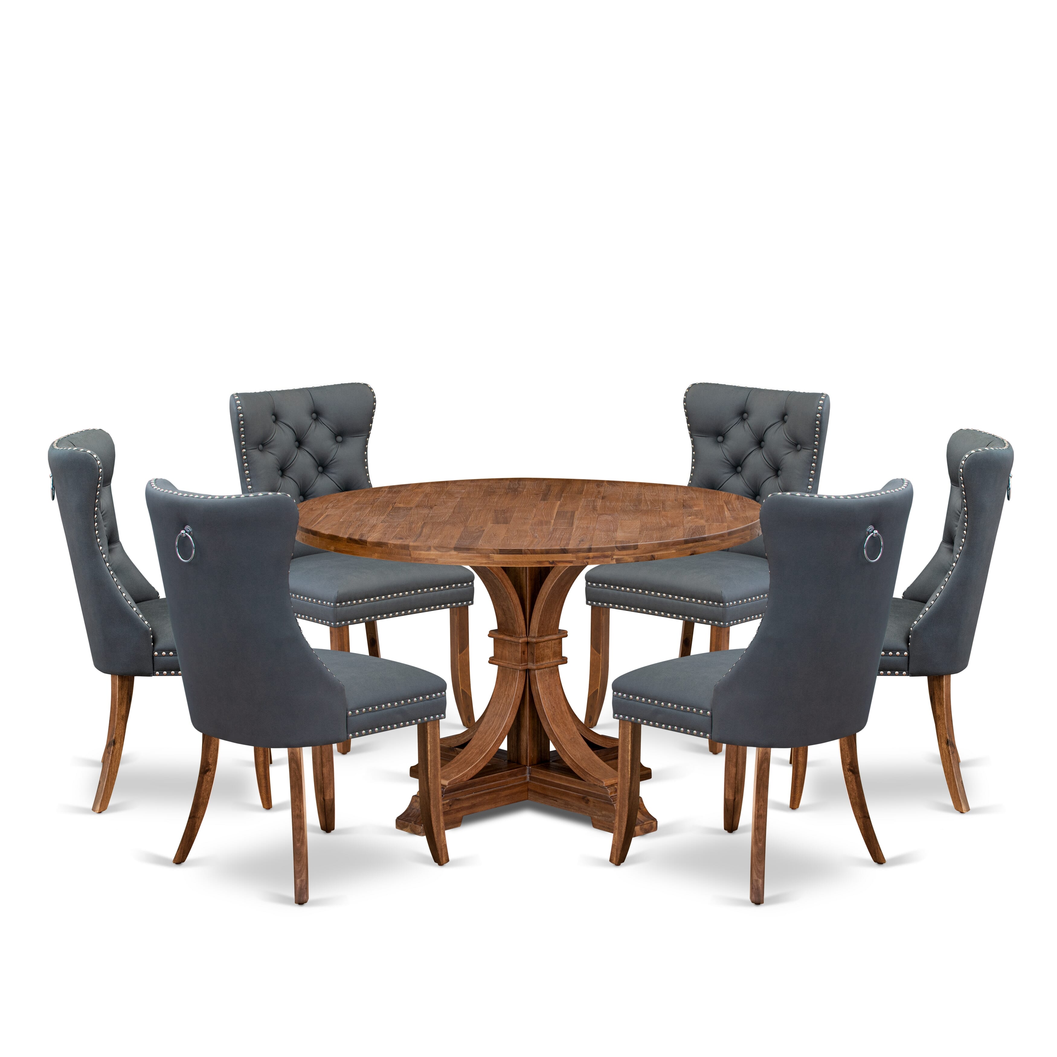 Luxe by East West Furniture I7DA7-40N-13 7-piece Dining table set consists of a Modern Dining Table and 6 Platinum Gray Faux Leather Dinner Chairs with Button Tufted Back - Antique Walnut Finish