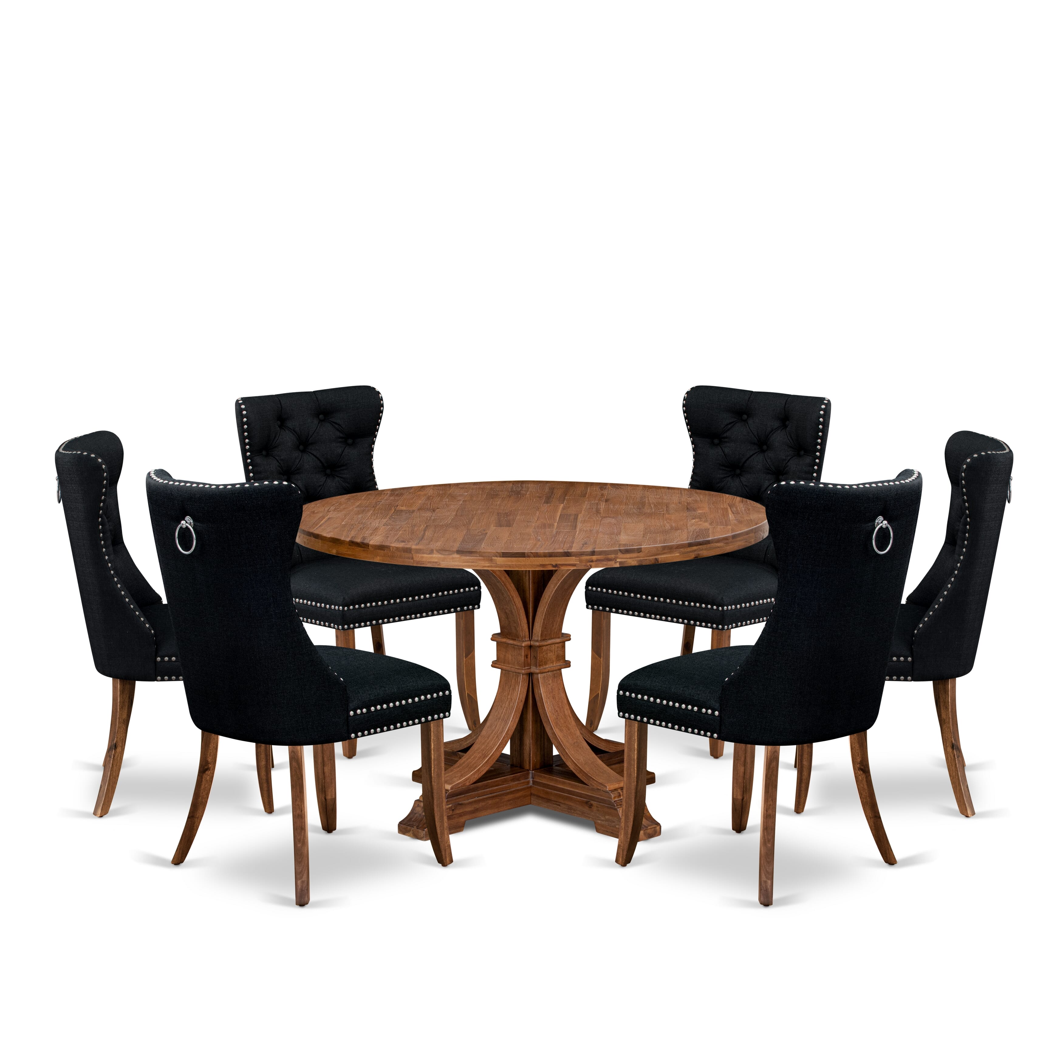 Luxe by East West Furniture I7DA7-40N-24 7-Piece Kitchen Dining Table Set with Linen Fabric 6 Black dining chairs, Button-Tufted Backs, and a 48"Round Table in Antique Walnut Finish.