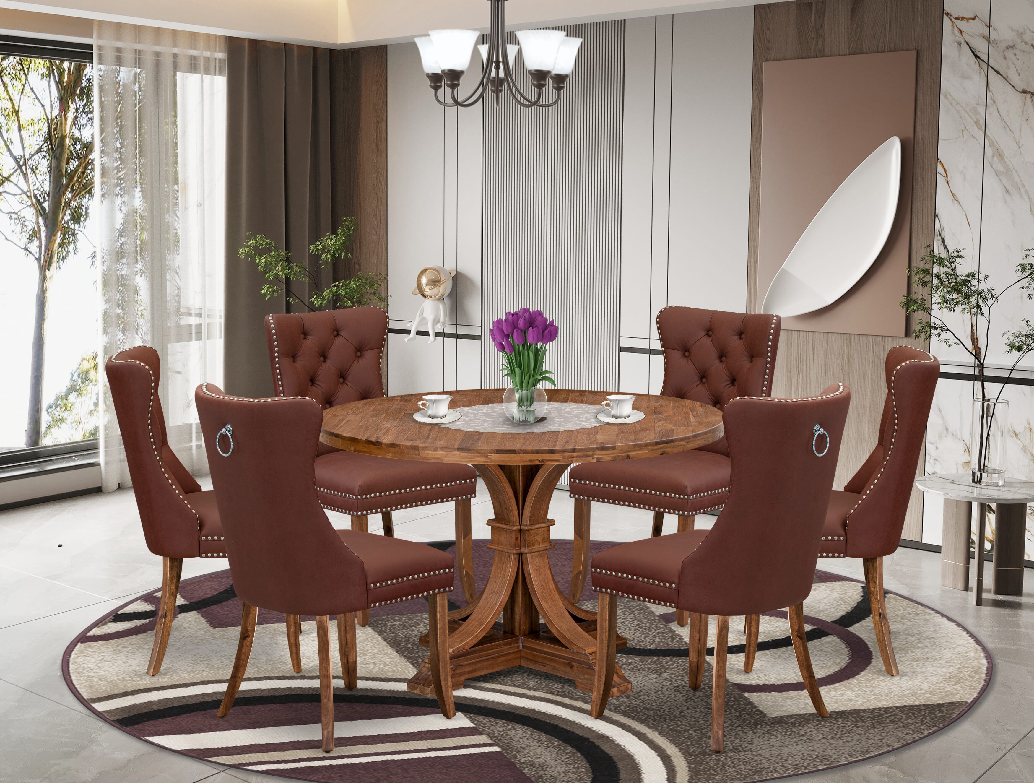Luxe by East West Furniture I7DA7-40N-26 7-Pc Kitchen Table Set Consist a Mid Century Dining Table and 6 Burgundy Faux Leather Chairs with Button-Tufted Back, Antique Walnut