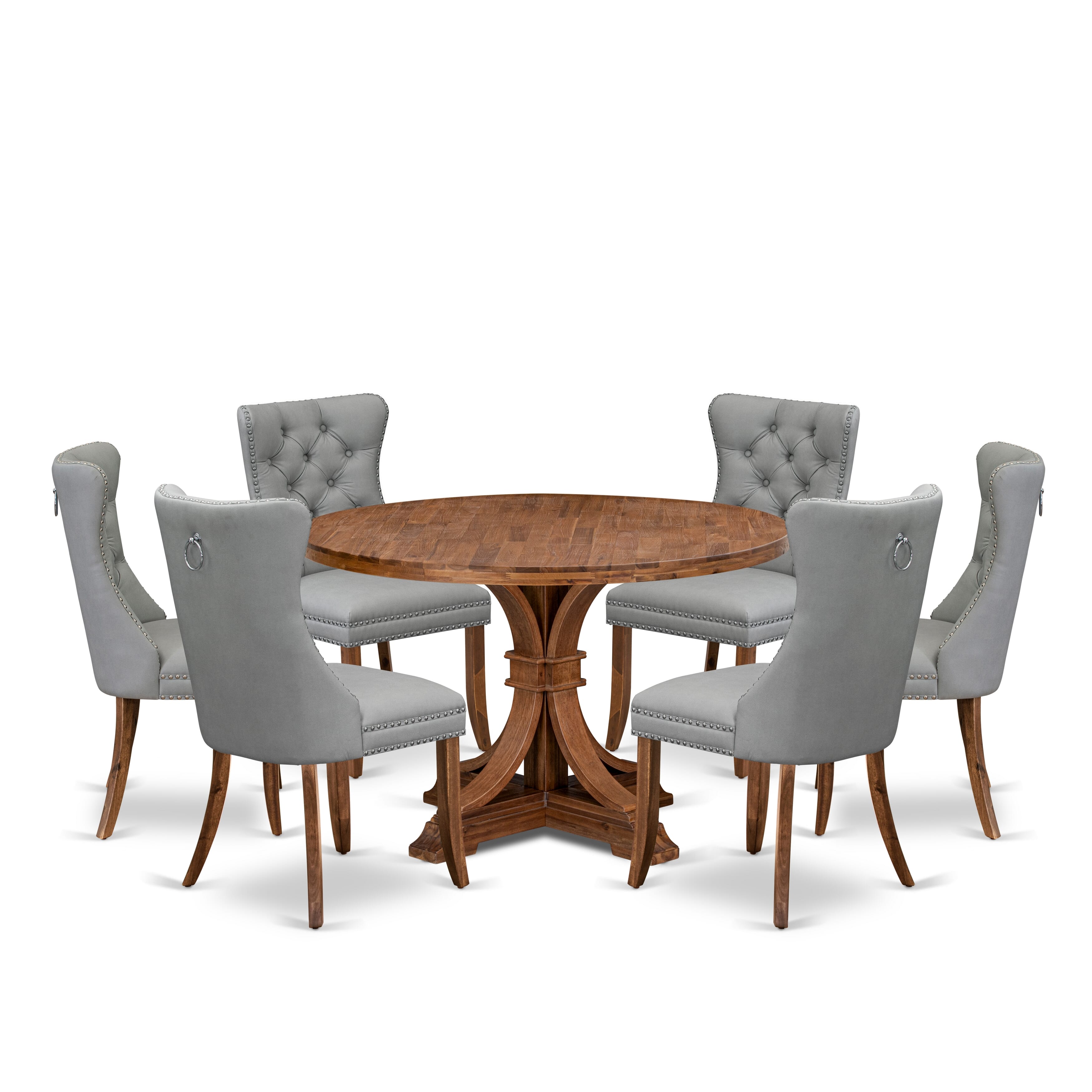 Luxe by East West Furniture I7DA7-40N-27 7-Pc Dining Table Set Consist a Mid Century Dining Table and 6 Light Gray Faux Leather Chairs with Button-Tufted Back, Antique Walnut