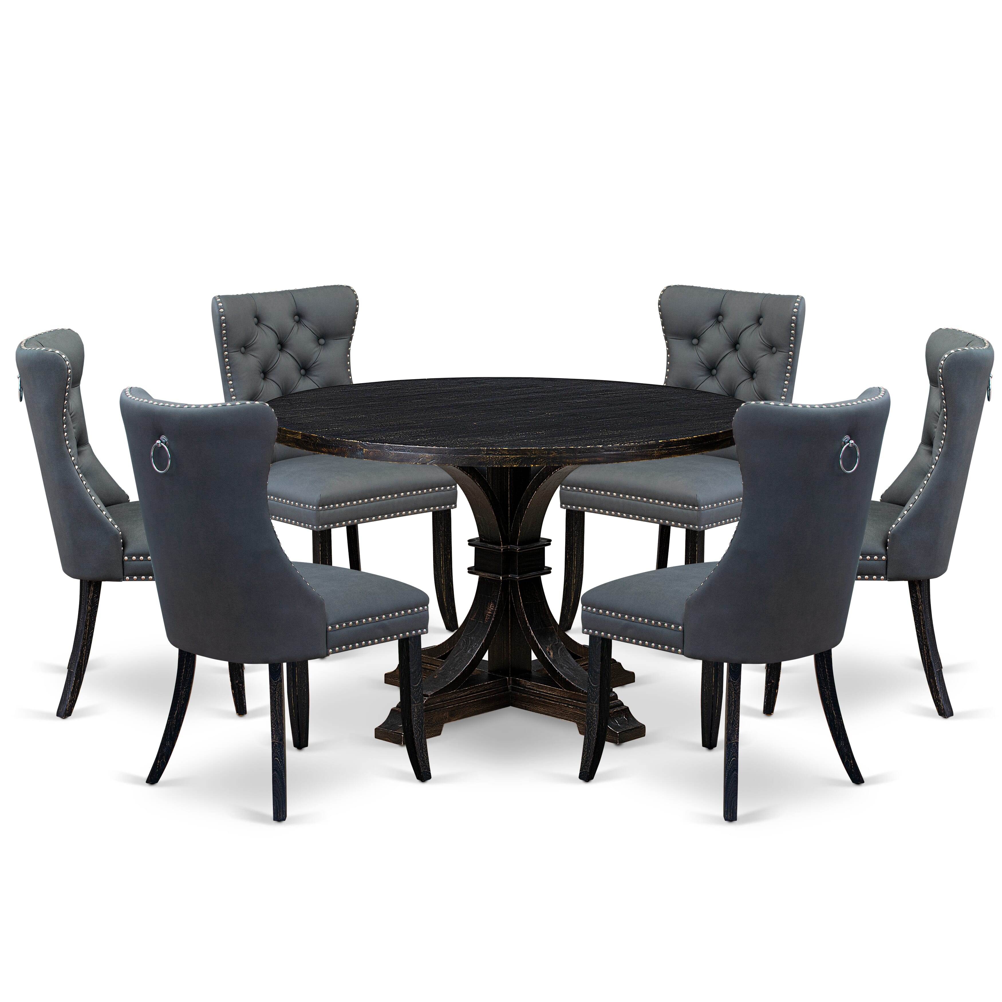 Luxe by East West Furniture I7DA7-411-13 7-piece Modern Kitchen Set with Faux Leather 6 Platinum Gray padded chairs, Button-Tufted Backs, and a 48"Round Breakfast Table in Sand Blasted Black Finish.