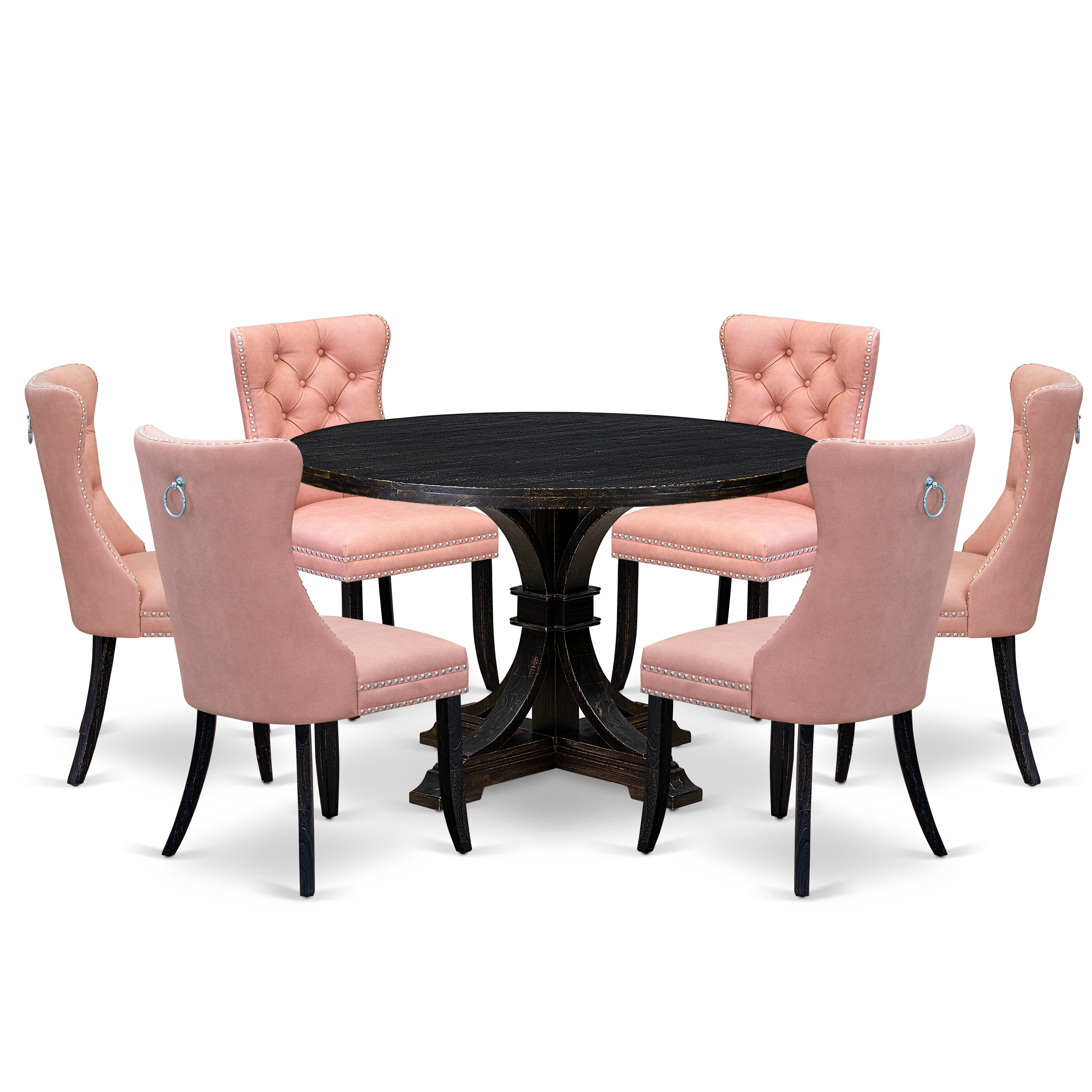 Luxe by East West Furniture I7DA7-411-23 7 Piece Dining Set Includes a 48" Round Kitchen Table with Pedestal and 6 Beige Red Faux Leather Parson Chairs, Sand Blasted Black