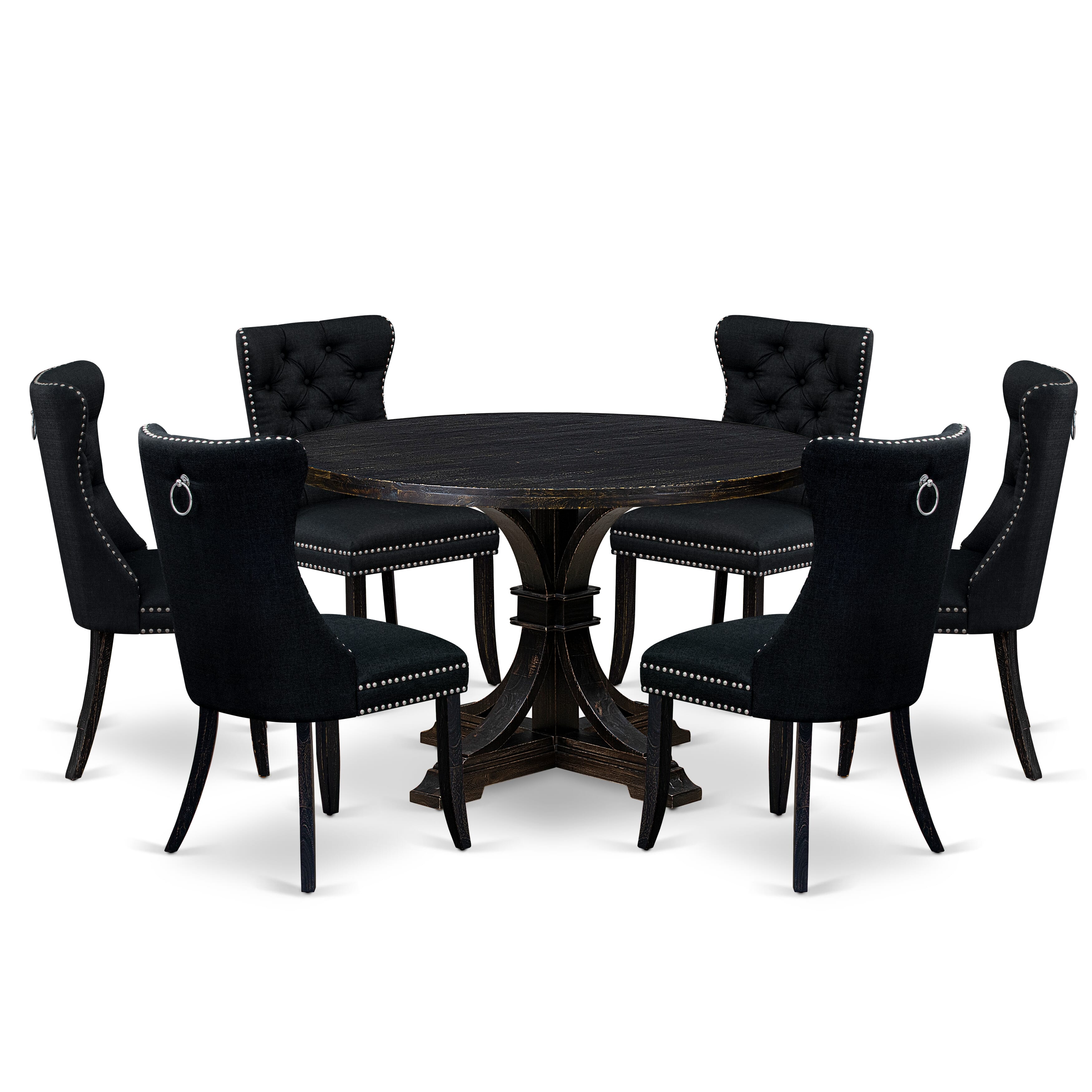 Luxe by East West Furniture I7DA7-411-24 7-piece Dining Table Set contains a wood table and 6 Black Linen Fabric upholstered chairs with Button Tufted Back -Sand Blasted Black
