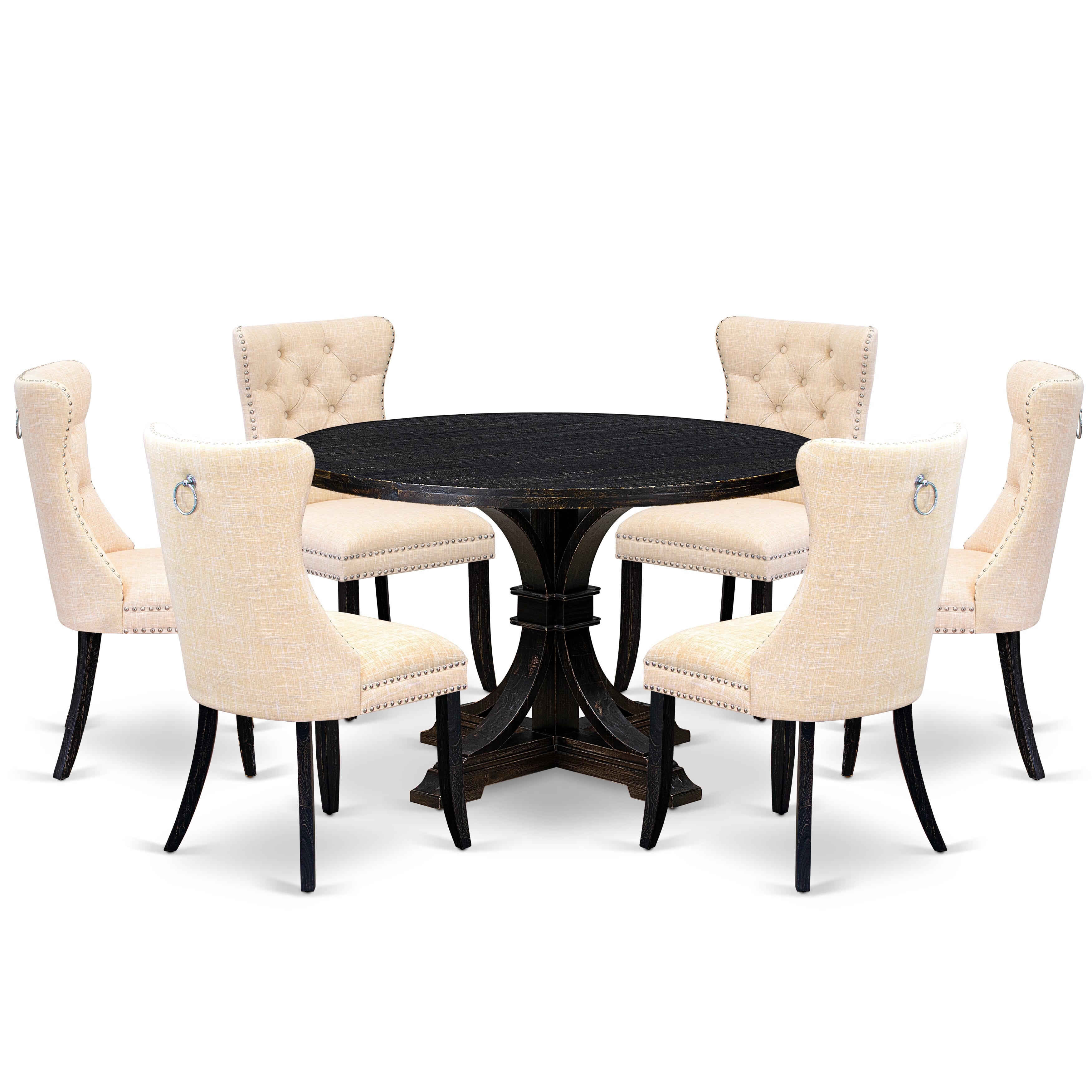 Luxe by East West Furniture I7DA7-411-32 7-pc Dining Set consists of a kitchen table and 6 Light Beige Linen Fabric modern chair with Button Tufted Back - Sand Blasted Black
