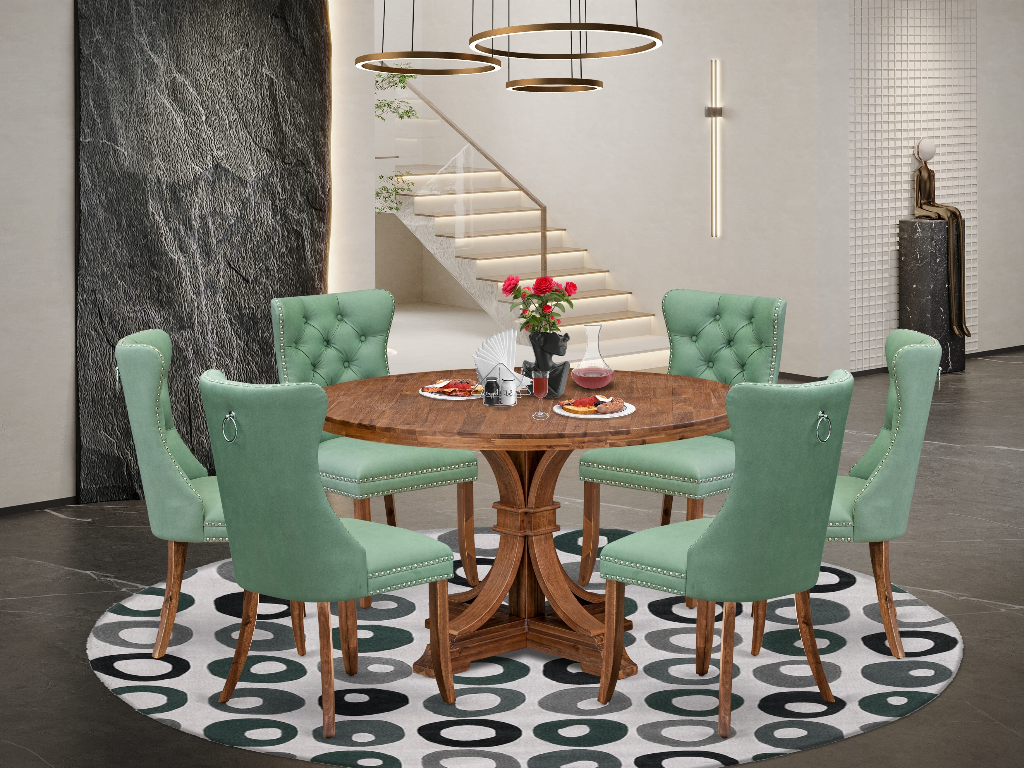 Luxe by East West Furniture I7DA7-50N-22 7-Pc Mid Century Table Set Contain a Dining Room Table and 6 Willow Green Faux Leather Chairs with Button-Tufted Back, Antique Walnut