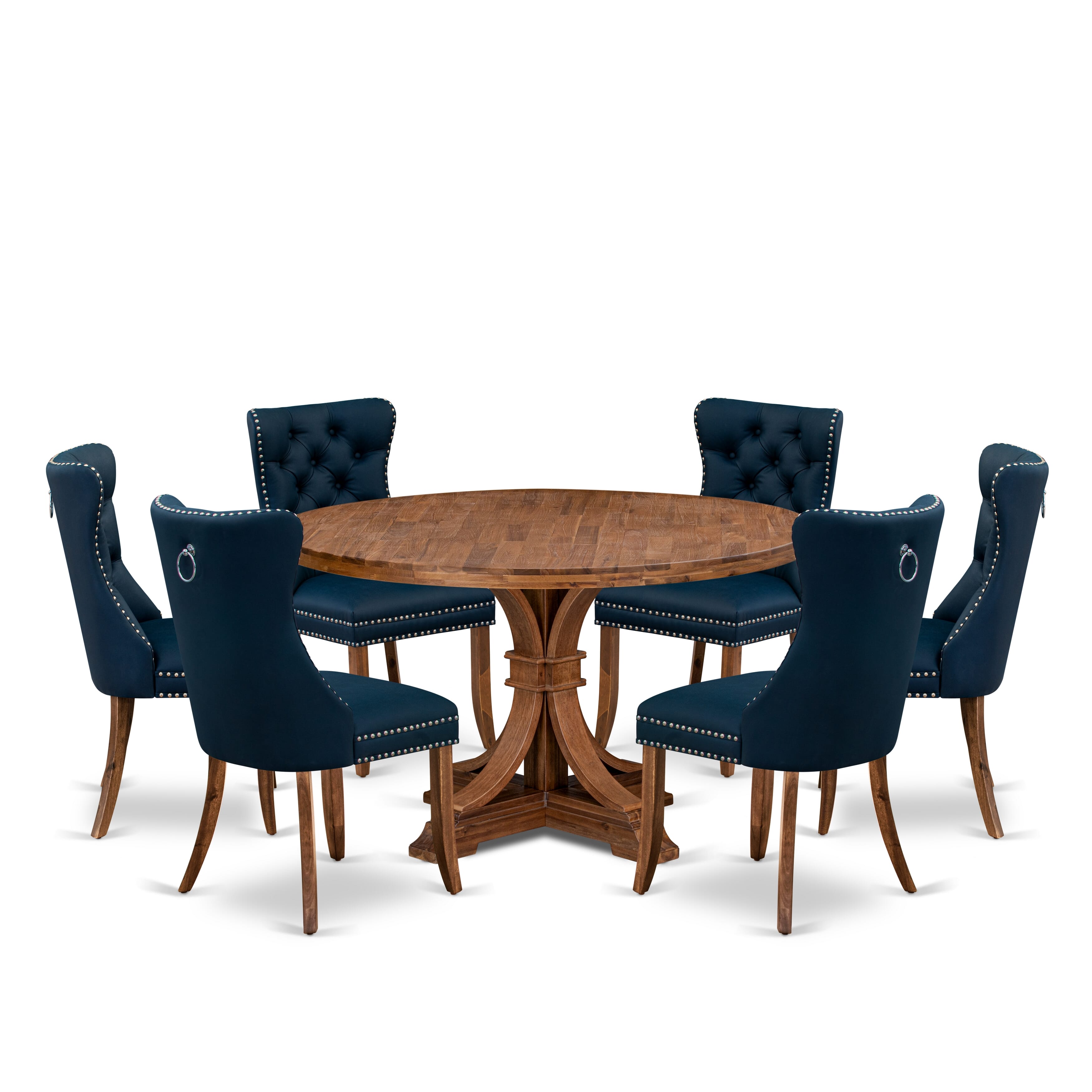 Luxe by East West Furniture I7DA7-50N-29 7-Piece Wooden Dining Set with Faux Leather 6 Navy Blue Upholstered chairs, Button-Tufted Backs, and a 54"Round Dining Table in Antique Walnut Finish.
