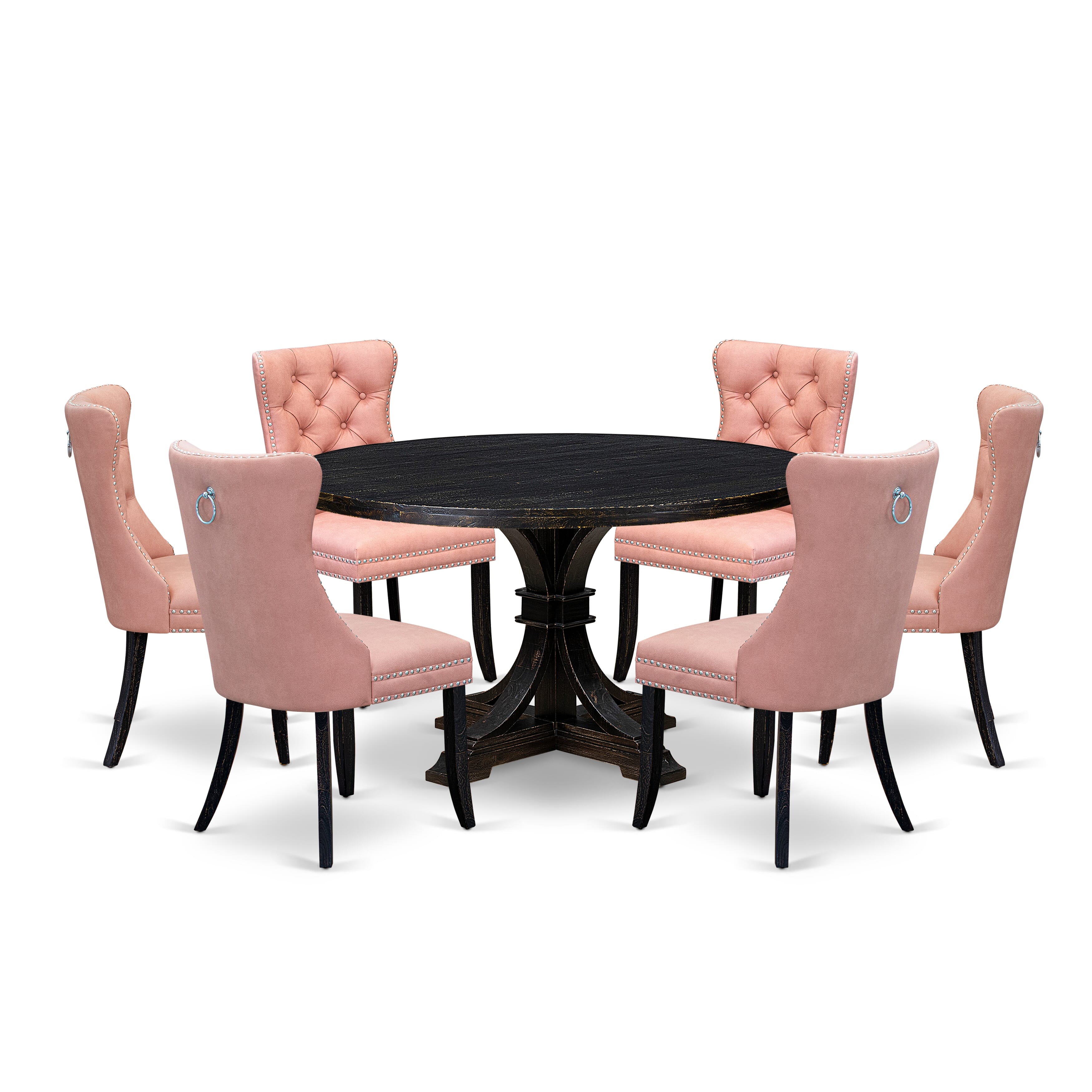 Luxe by East West Furniture I7DA7-511-23 7 Piece Dining Set Contains a 54" Round Kitchen Table with Pedestal and 6 Beige Red Faux Leather Parson Chairs, Sand Blasted Black