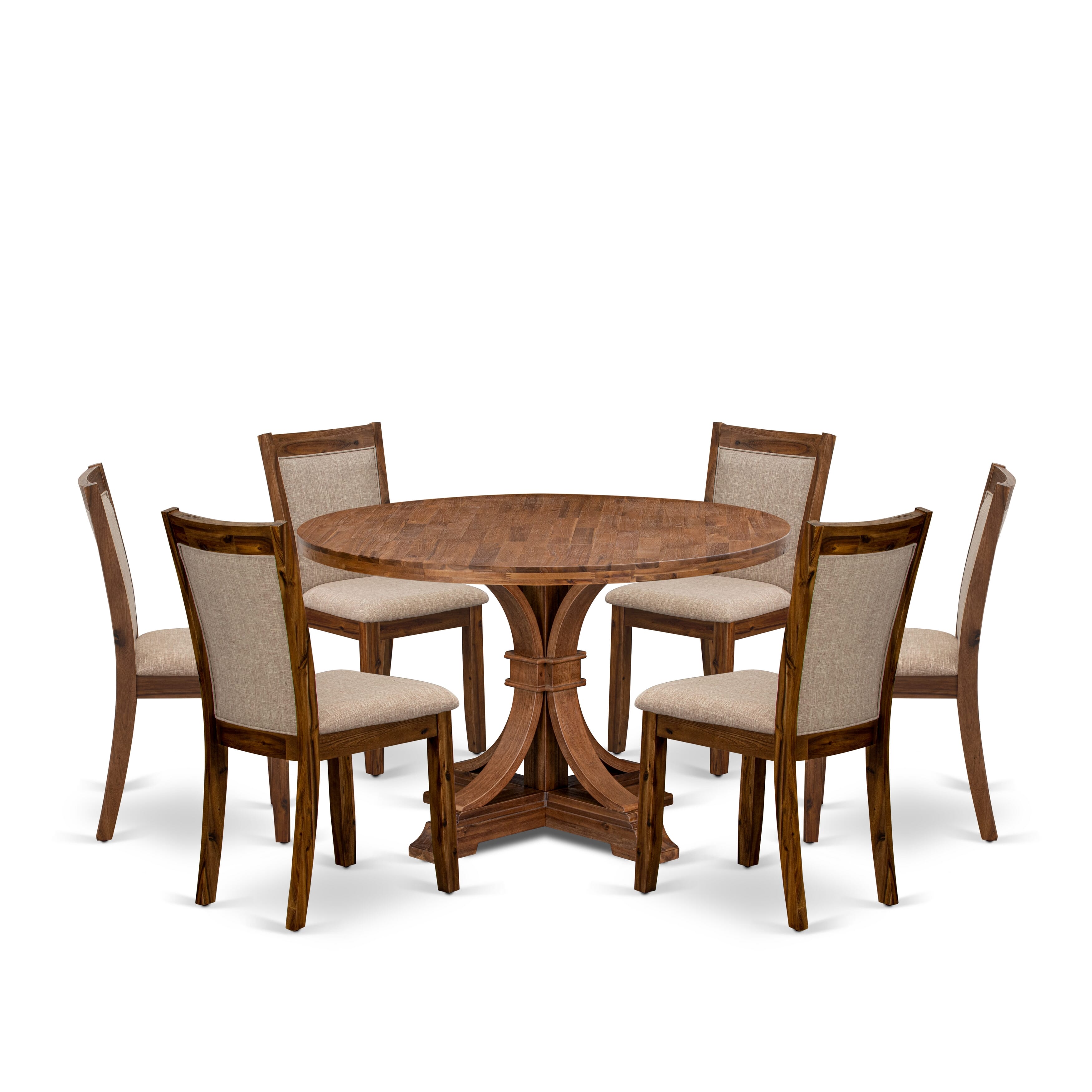 Luxe by East West Furniture I7MZ7-40N-04 7-Pc Dining Room Set consists of a Pedestal Dining Table and 6 Light Tan Linen Fabric Parson Chairs with Padded Back - Antique Walnut