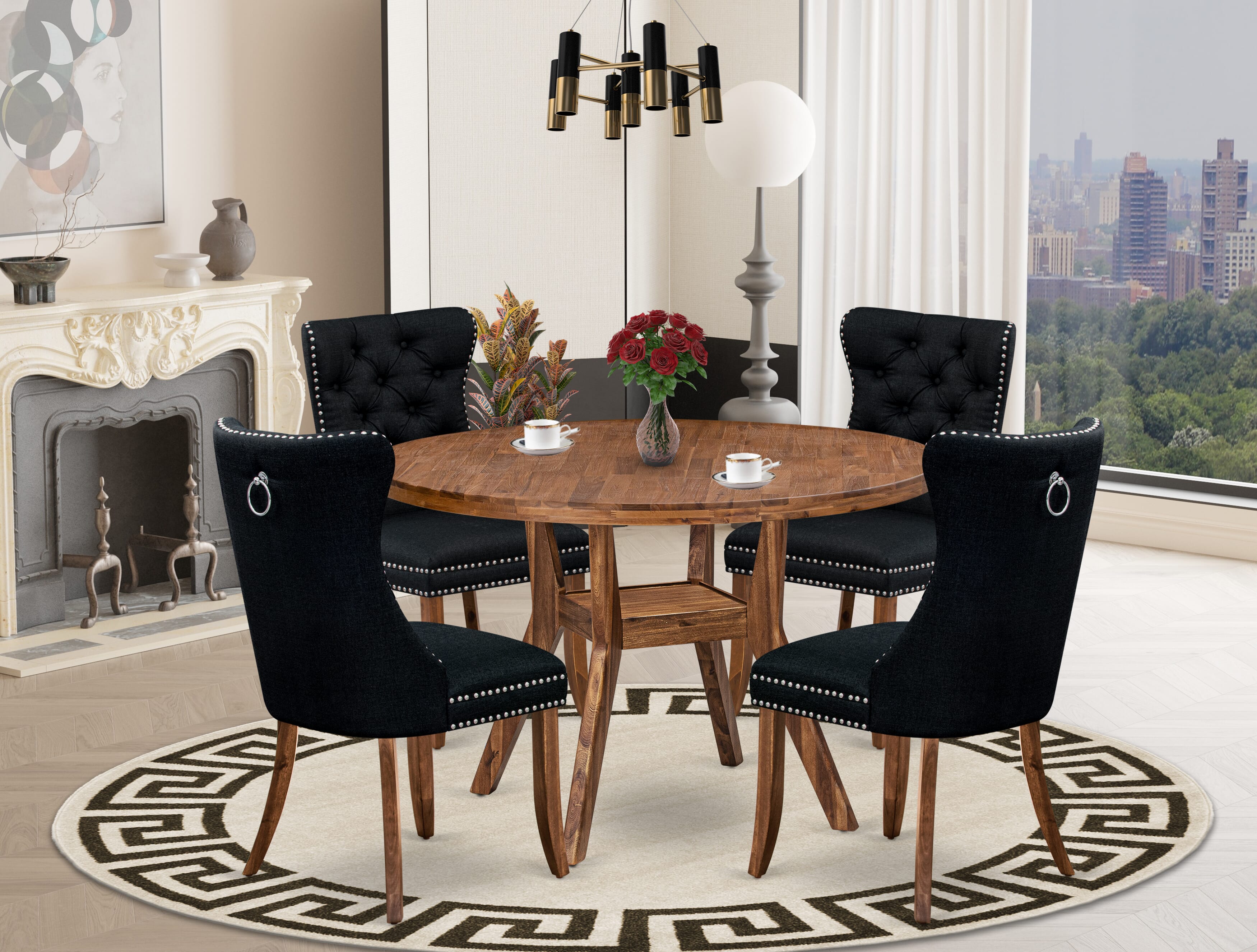 Luxe by East West Furniture I8DA5-40N-24 5-Piece Dining Table Set with Linen Fabric 4 Black Kitchen chairs, Button-Tufted Backs, and a 48"Round Dinner Table in Antique Walnut Finish.