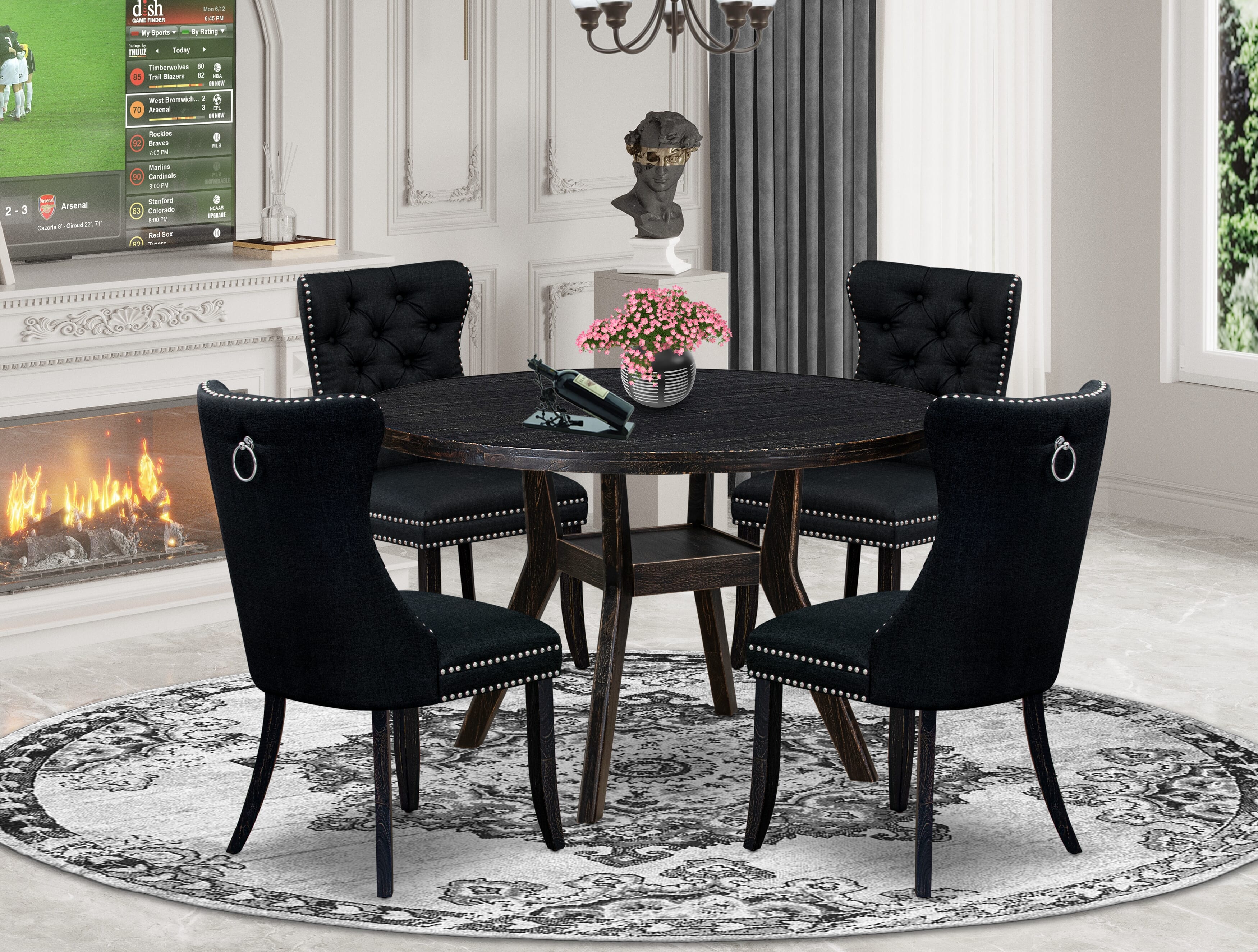Luxe by East West Furniture I8DA5-411-24 5-piece Dining Table Set included a dining table and 4 Black Linen Fabric dining chairs with Button Tufted Back - Sand Blasted Black