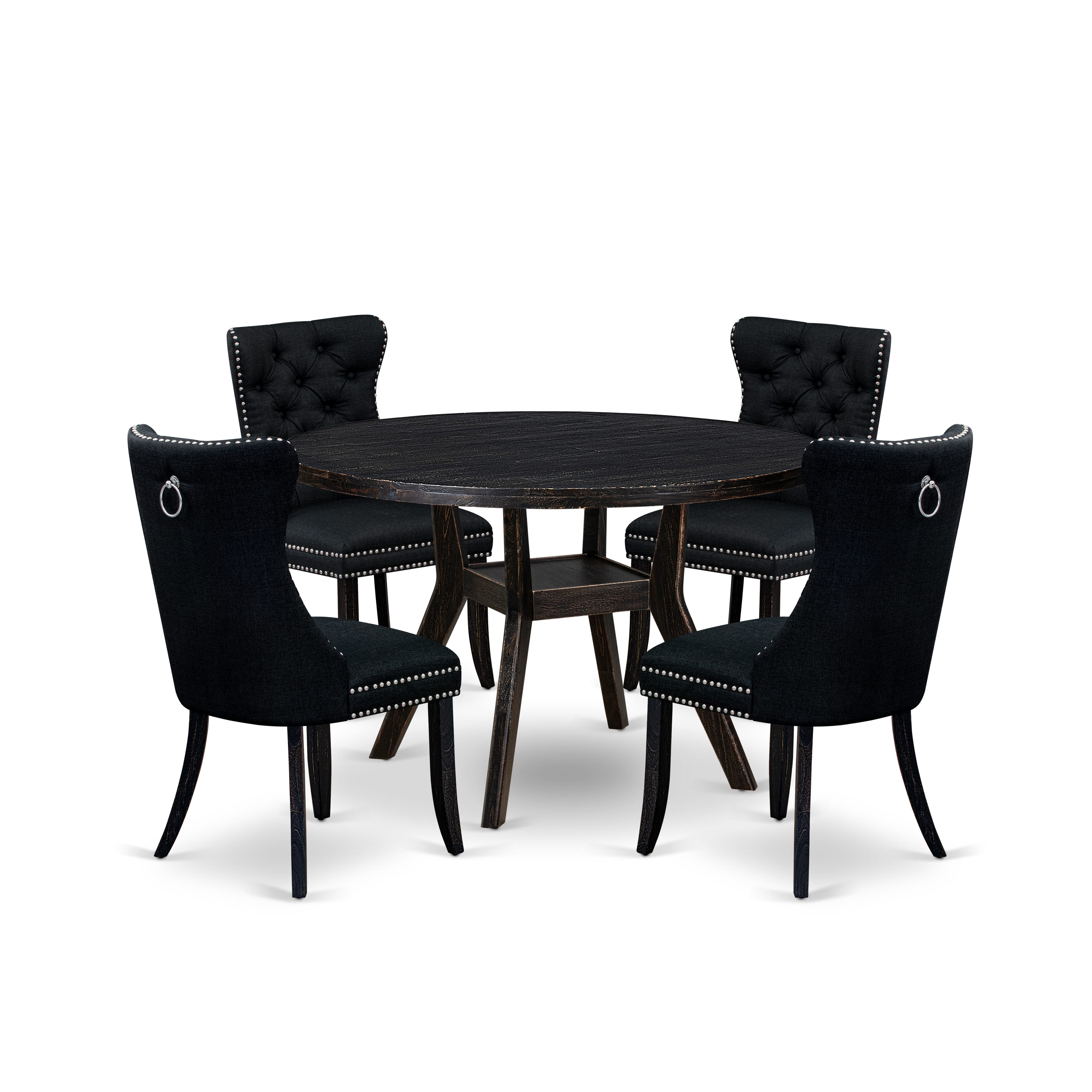 Luxe by East West Furniture I8DA5-411-24 5-piece Dining Table Set included a dining table and 4 Black Linen Fabric dining chairs with Button Tufted Back - Sand Blasted Black