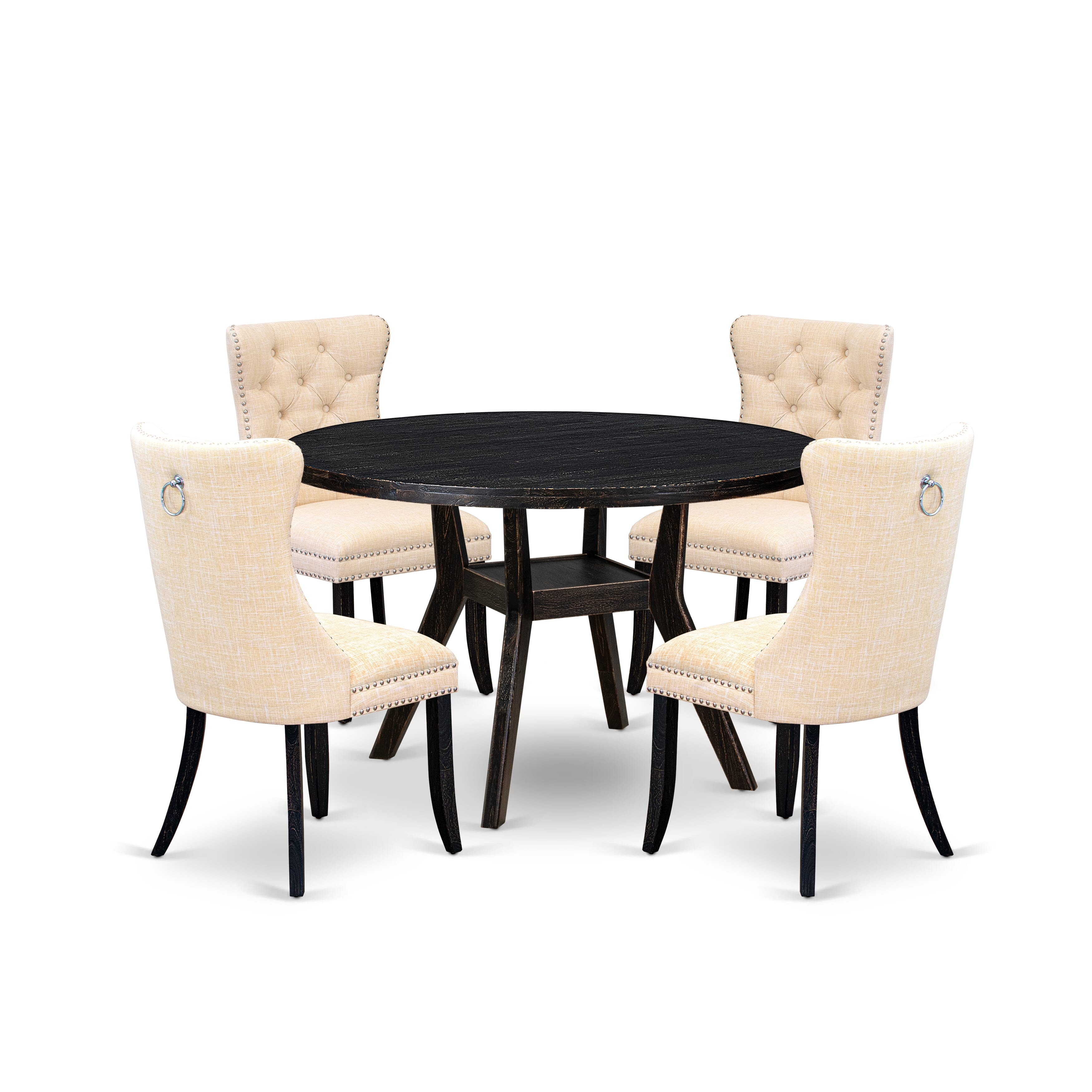 Luxe by East West Furniture I8DA5-411-32 5-pc Dining Room Set contains a dining table and 4 Light Beige Linen Fabric dining chair with Button Tufted Back - Sand Blasted Black
