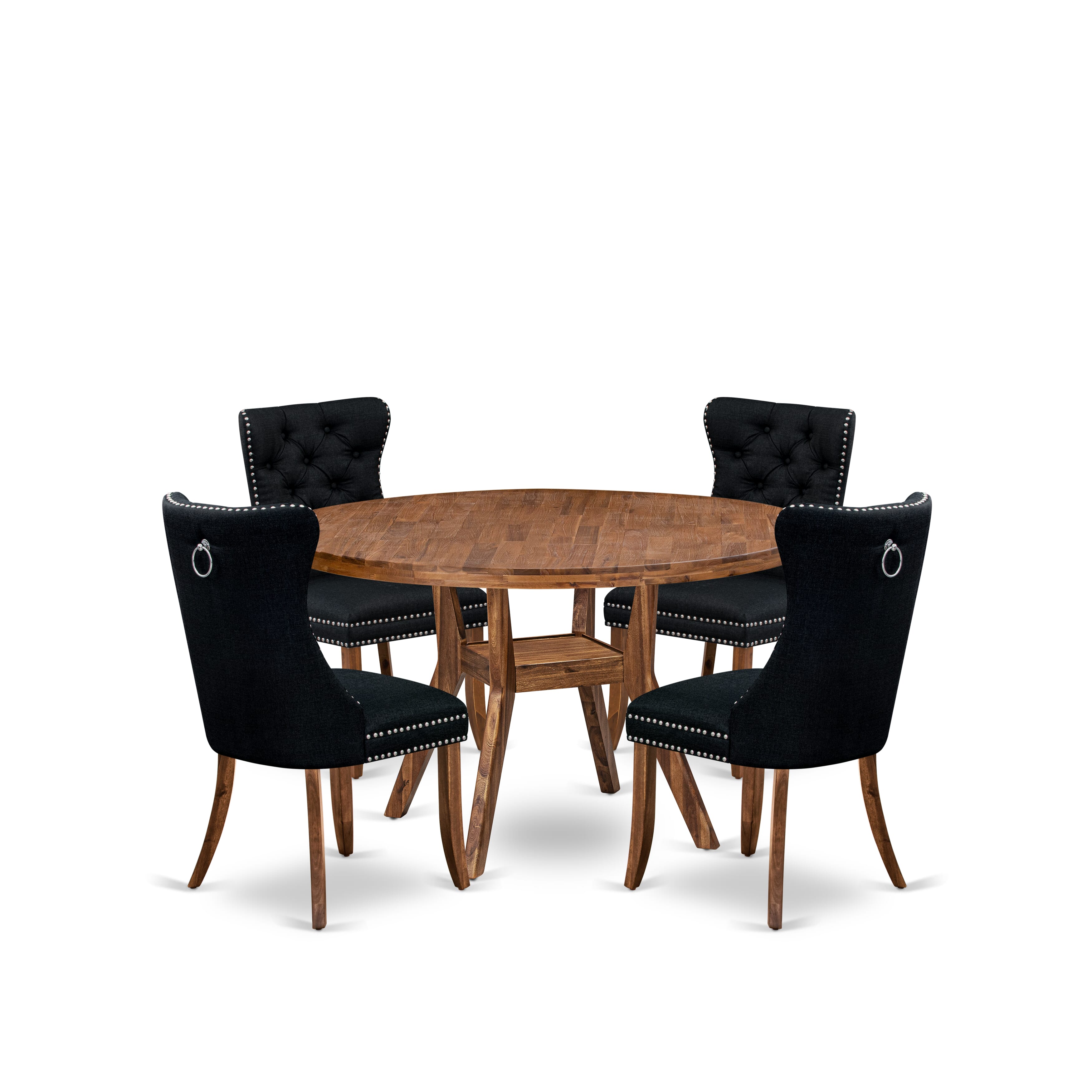 Luxe by East West Furniture I8DA5-50N-24 5-Piece Kitchen Table Set with Linen Fabric 4 Black parson dining chairs, Button-Tufted Backs, and a 54"Round Table in Antique Walnut Finish.
