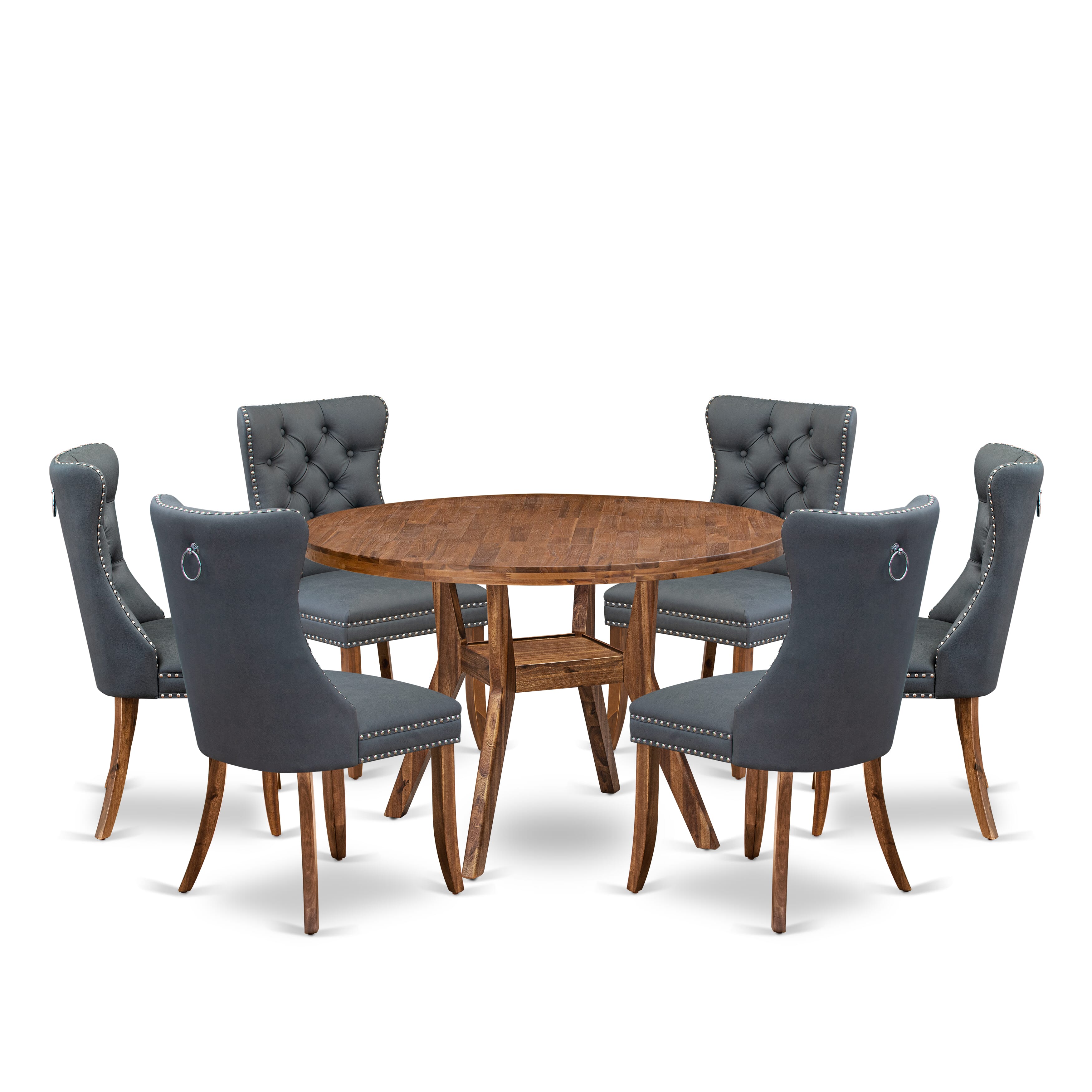 Luxe by East West Furniture I8DA7-40N-13 7-piece Mid-century Dining table set consists of a Dining Table and 6 Platinum Gray Faux Leather Dining Chairs with Button Tufted Back - Antique Walnut Finish
