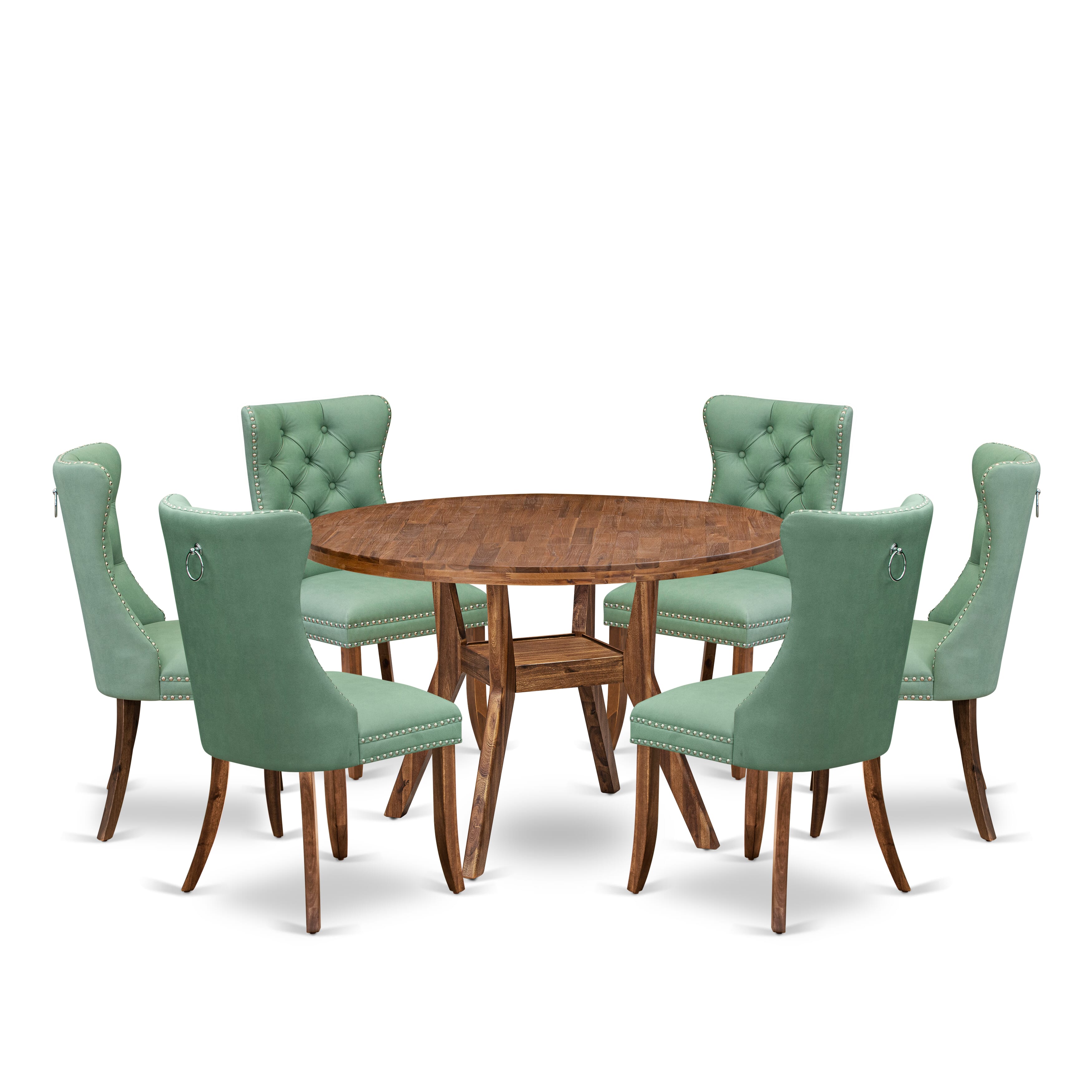 Luxe by East West Furniture I8DA7-40N-22 7-Pc Kitchen Table Set Include a Table and 6 Willow Green Faux Leather Upholstered Chairs with Button-Tufted Back, Antique Walnut