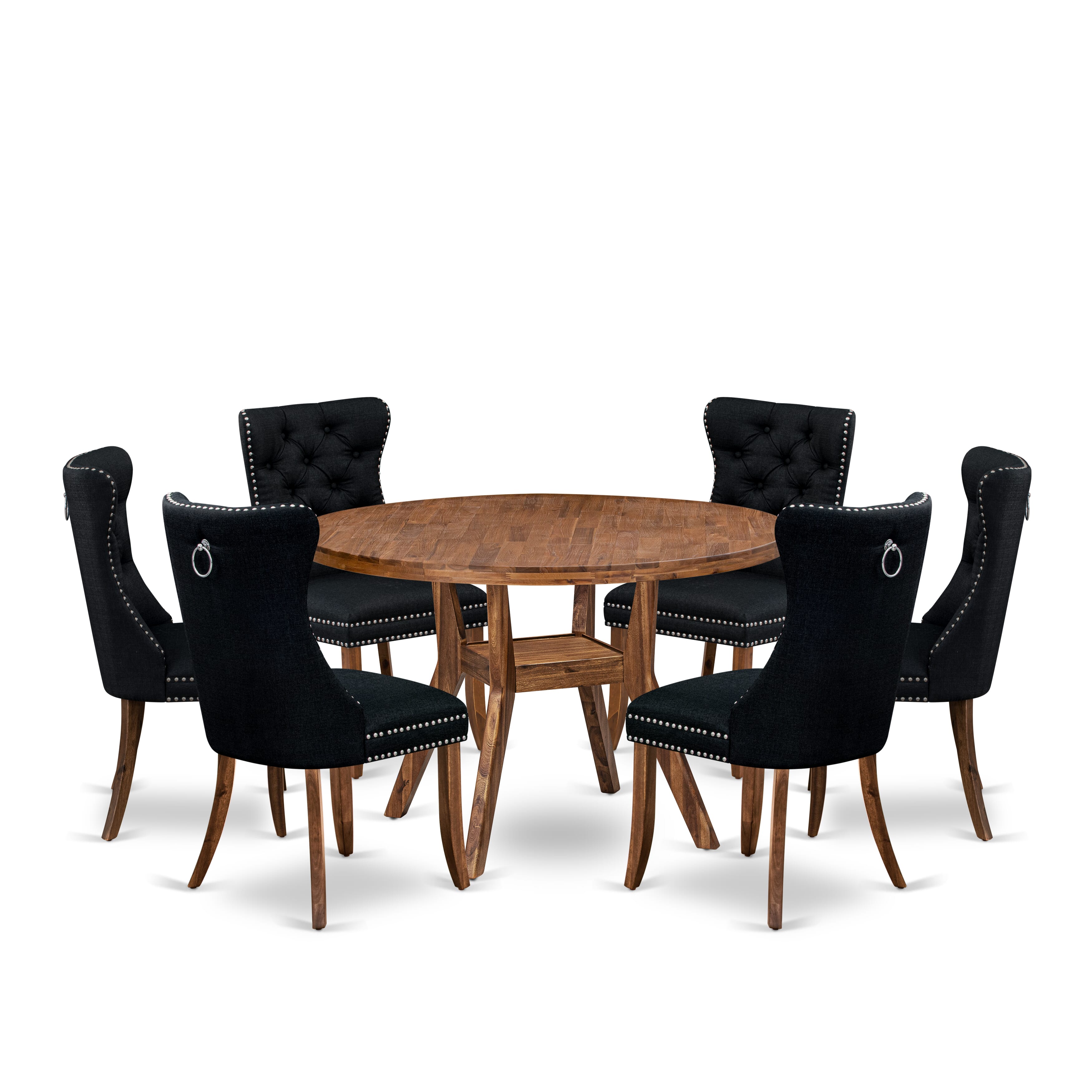 Luxe by East West Furniture I8DA7-40N-24 7-Piece Modern Dining Room Set with Linen Fabric 6 Black Dining chairs, Button-Tufted Backs, and a 48"Round Table in Antique Walnut Finish.