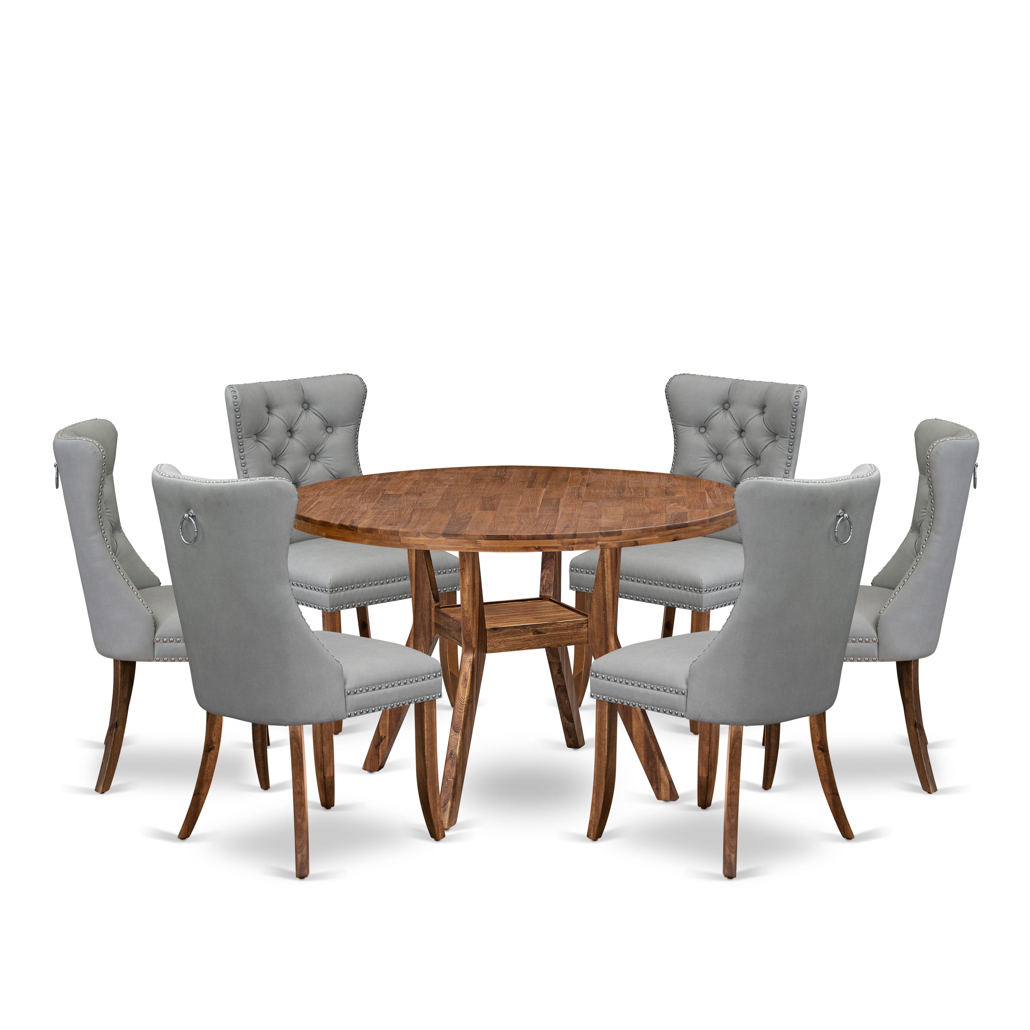 Luxe by East West Furniture I8DA7-40N-27 7-Pc Mid Century Dining Set Include a Modern Table and 6 Light Gray Faux Leather Padded Chairs with Button-Tufted Back, Antique Walnut