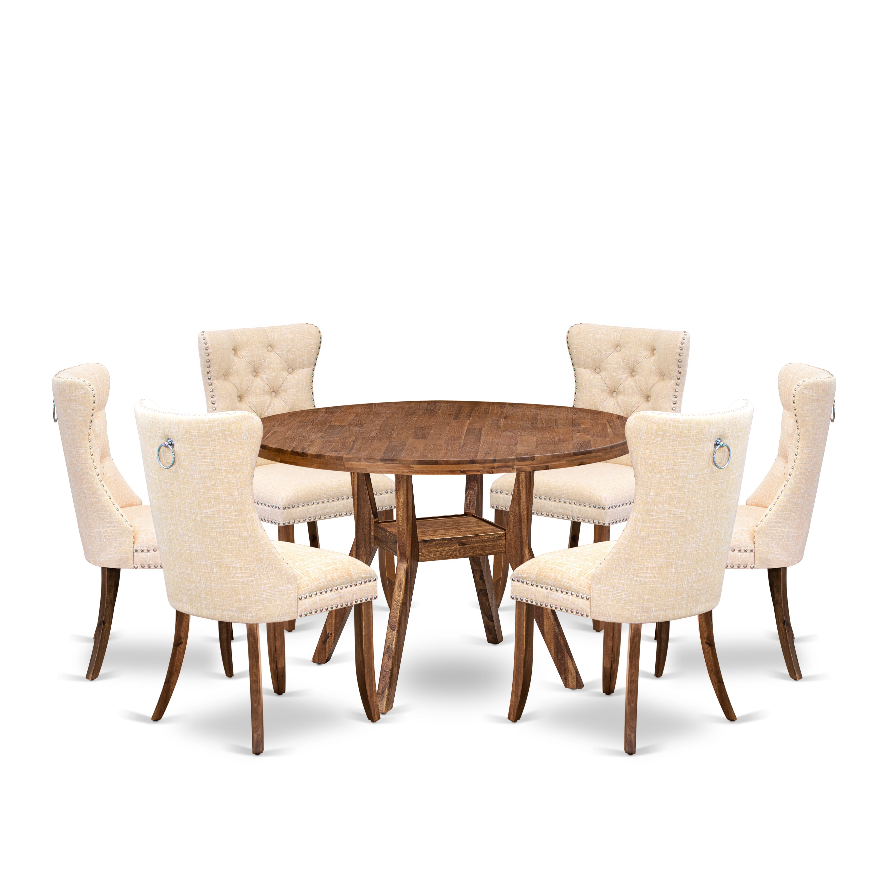 Luxe by East West Furniture I8DA7-40N-32 7-Piece Kitchen Table Set with Linen Fabric 6 Light Beige Dining chairs, Button-Tufted Backs, and a 48"Round Dinner Table in Antique Walnut Finish.