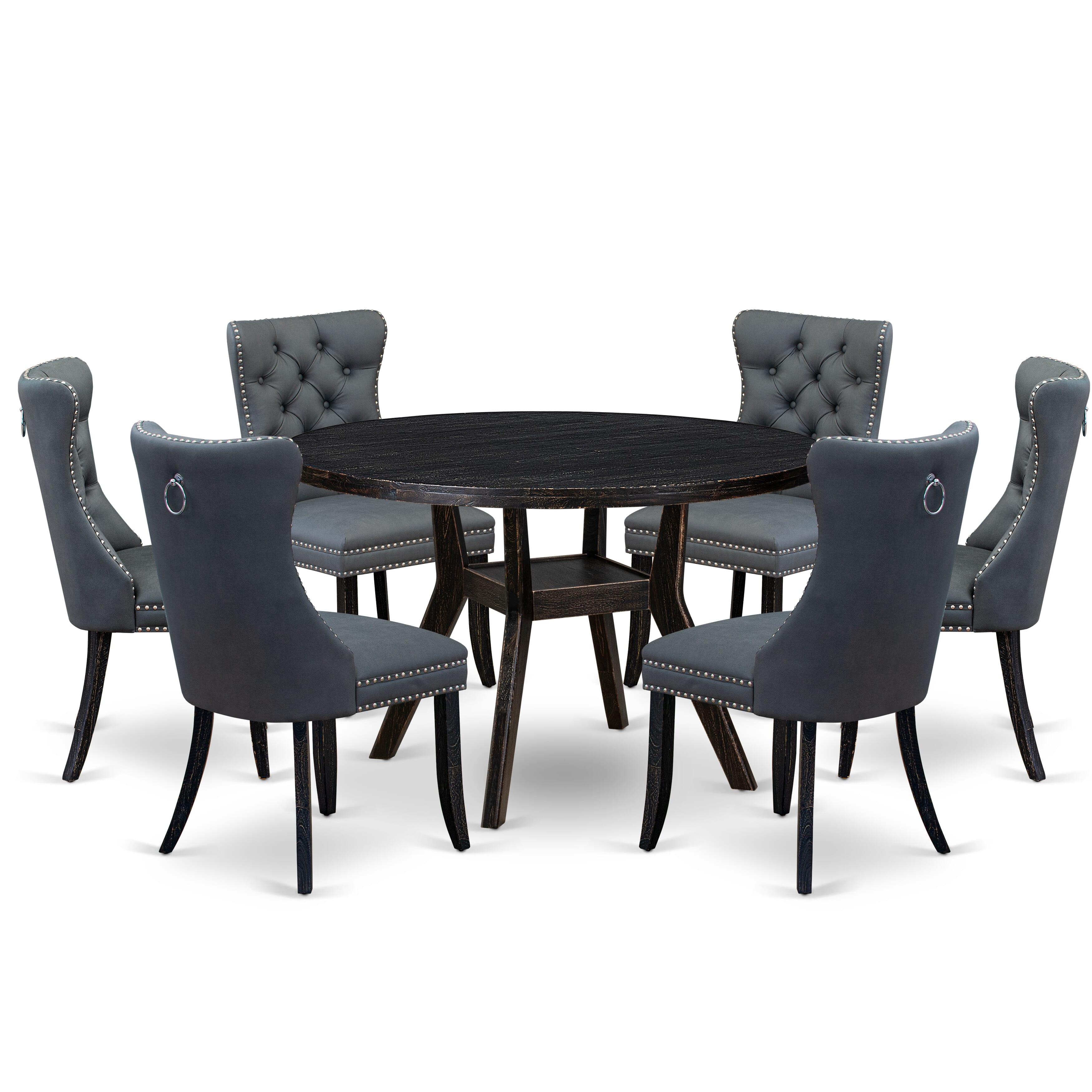 Luxe by East West Furniture I8DA7-411-13 7-piece Modern Dining Room Set with Faux Leather 6 Platinum Gray kitchen chairs, Button-Tufted Backs, and a 48"Round Table in Sand Blasted Black Finish.