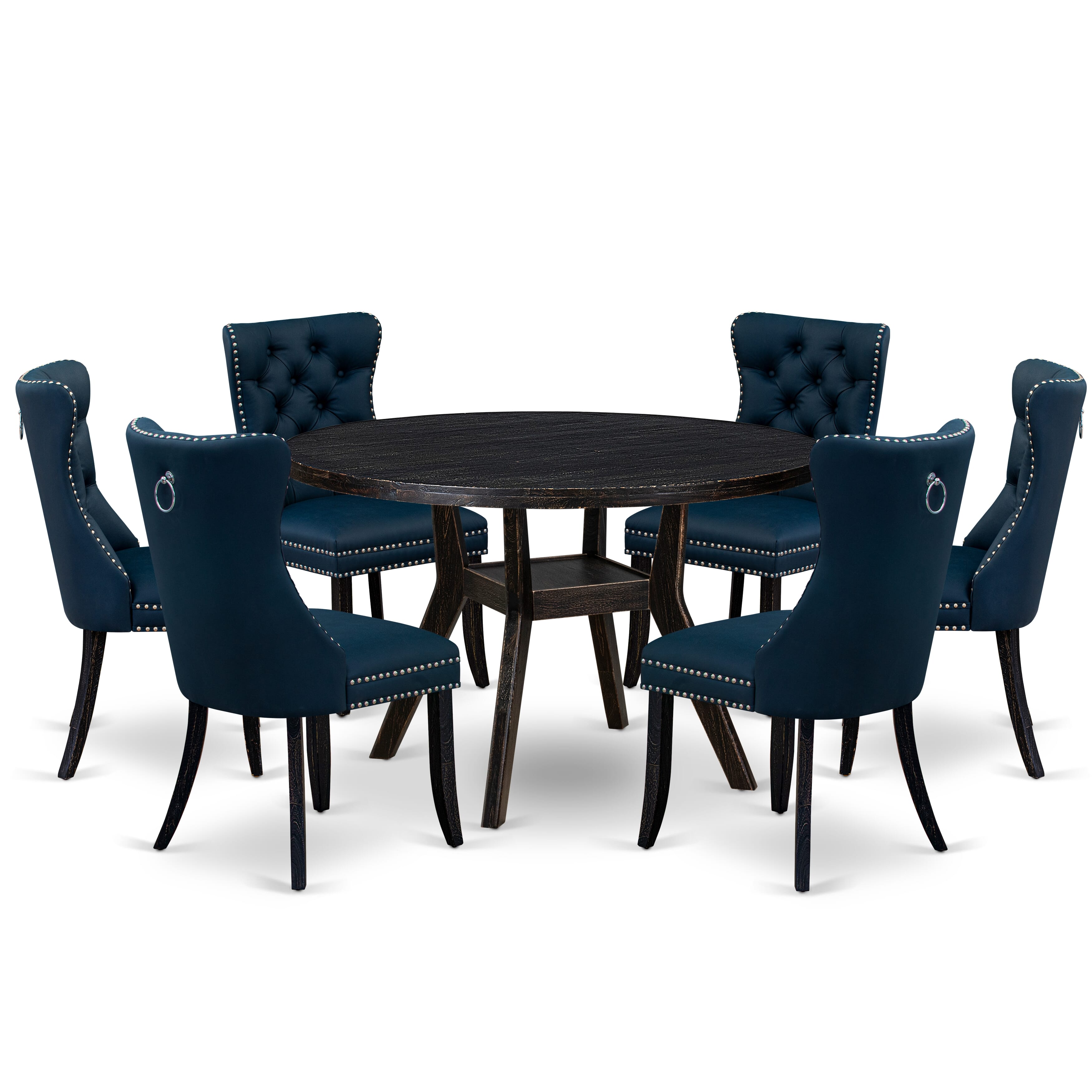 Luxe by East West Furniture I8DA7-411-29 7 Piece Dining Table Set Contains a 48" Round Table with Pedestal and 6 Navy Blue Faux Leather Upholstered Chairs, Sand Blasted Black