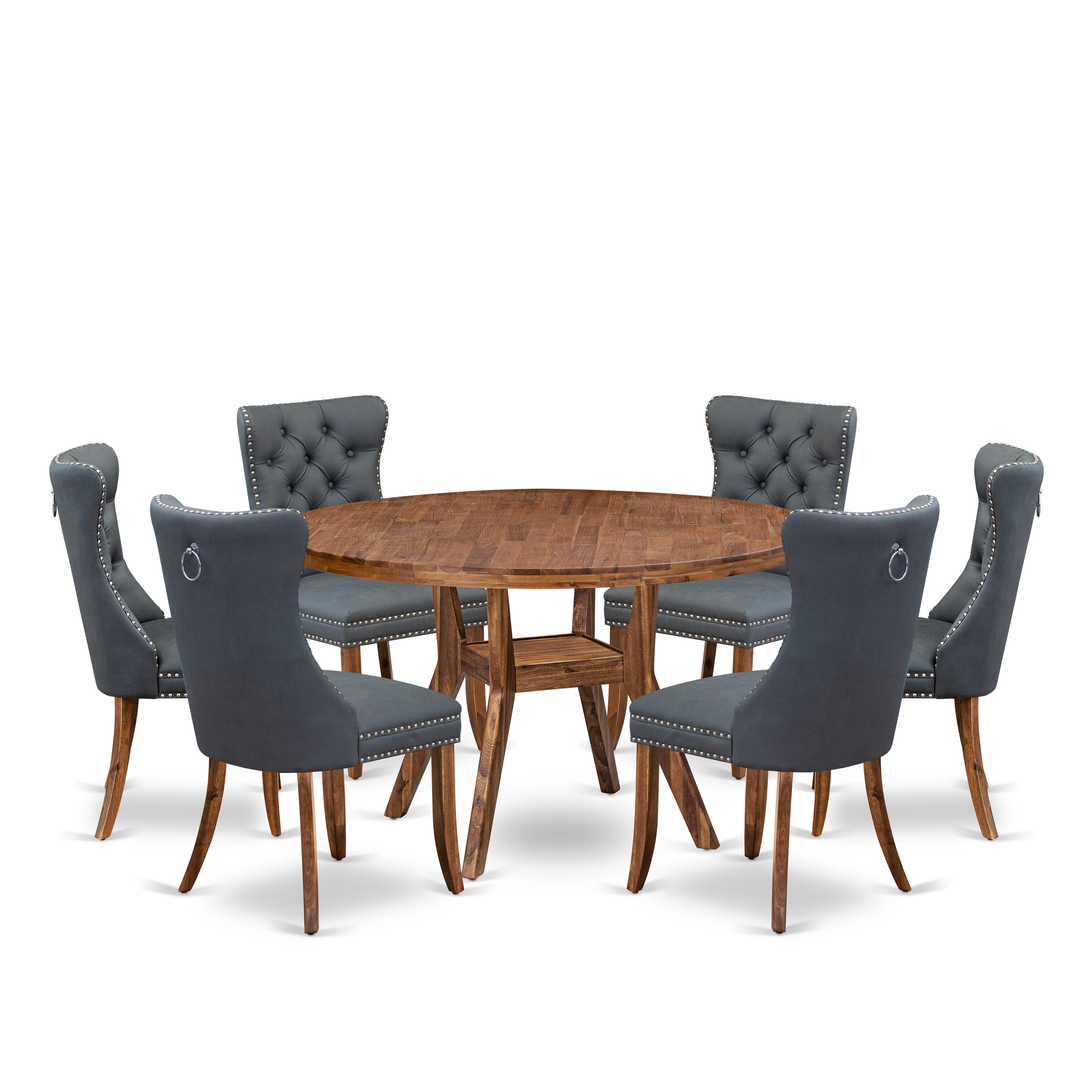Luxe by East West Furniture I8DA7-50N-13 7-piece Dining table set consists of a Kitchen Table and 6 Platinum Gray Faux Leather Dining Chairs with Button Tufted Back - Antique Walnut Finish