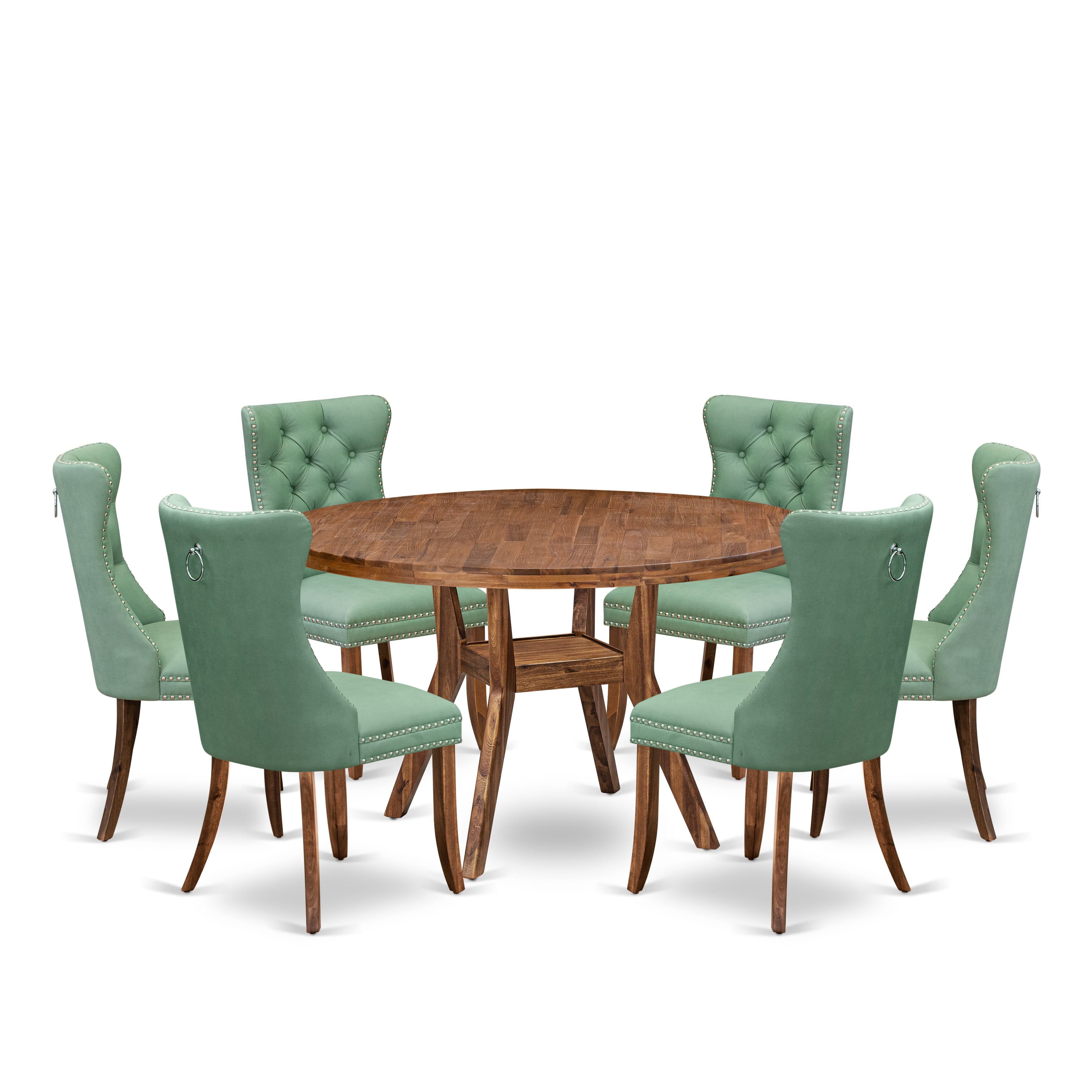 Luxe by East West Furniture I8DA7-50N-22 7-Pc Dining Room Table Set Consist a Dinner Table and 6 Willow Green Faux LeatherChairs with Button-Tufted Back, Antique Walnut