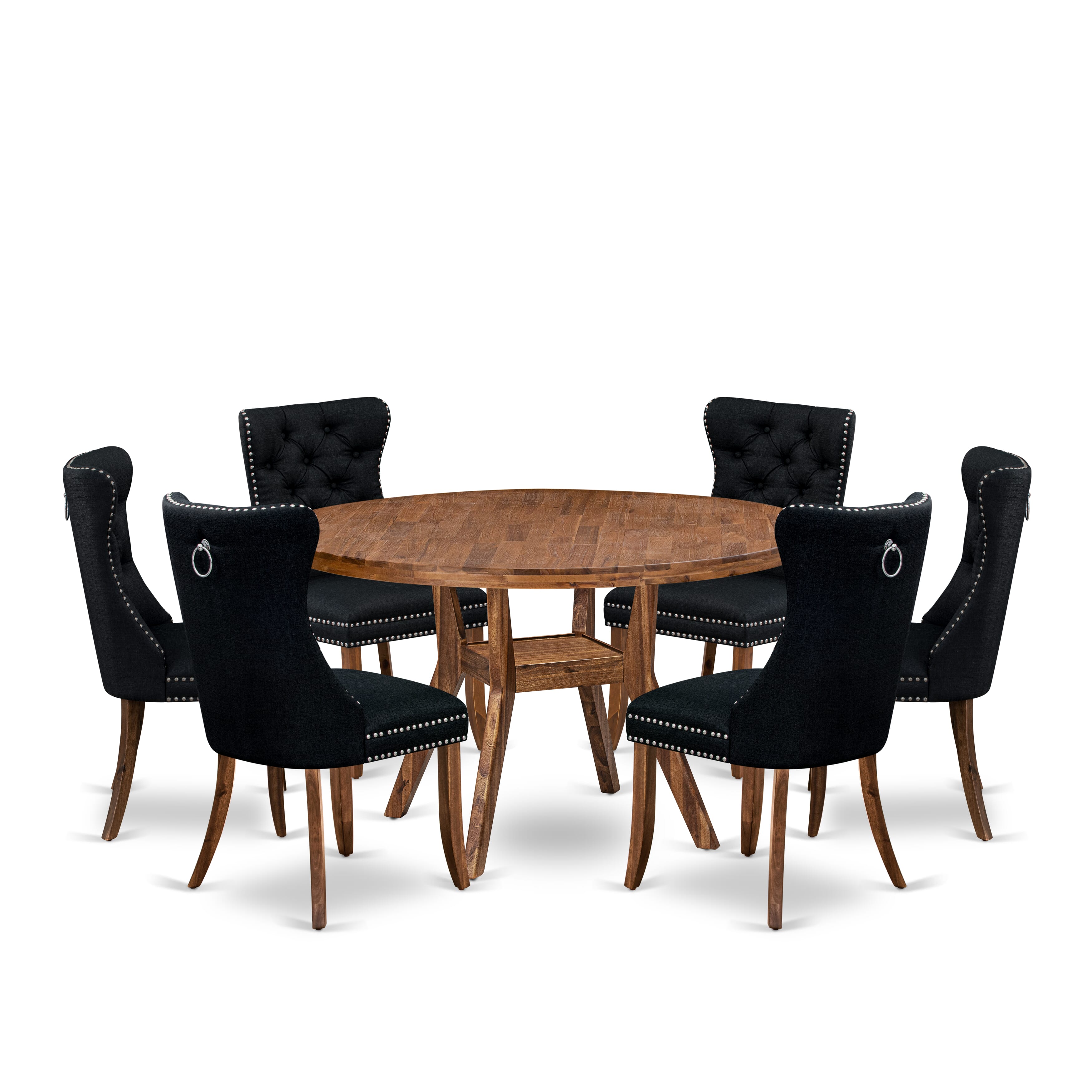 Luxe by East West Furniture I8DA7-50N-24 7-Piece Dining Table Set with Linen Fabric 6 Black upholstered dining chairs, Button-Tufted Backs, and a 54"Round Breakfast Table in Antique Walnut Finish.