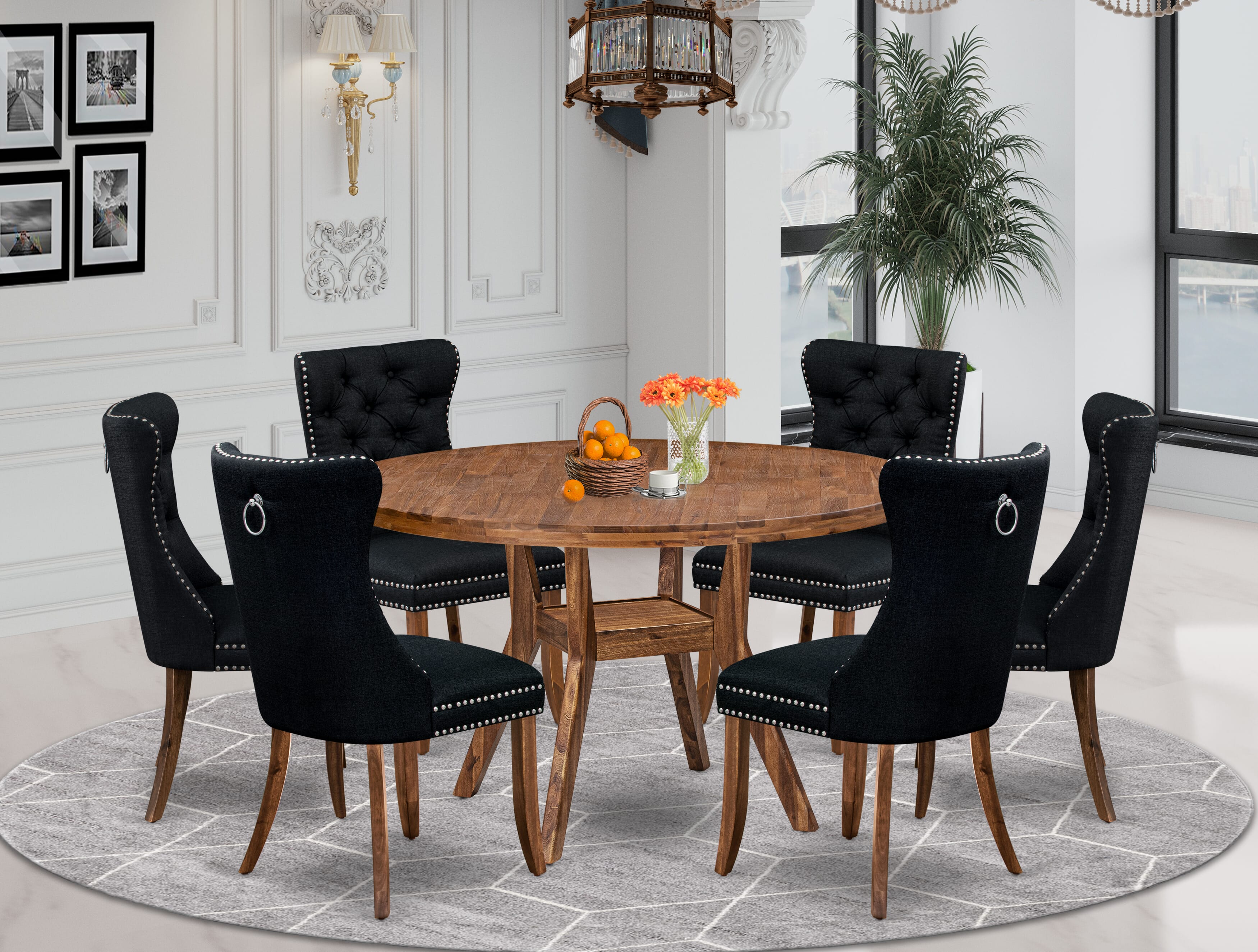 Luxe by East West Furniture I8DA7-50N-24 7-Piece Dining Table Set with Linen Fabric 6 Black upholstered dining chairs, Button-Tufted Backs, and a 54"Round Breakfast Table in Antique Walnut Finish.