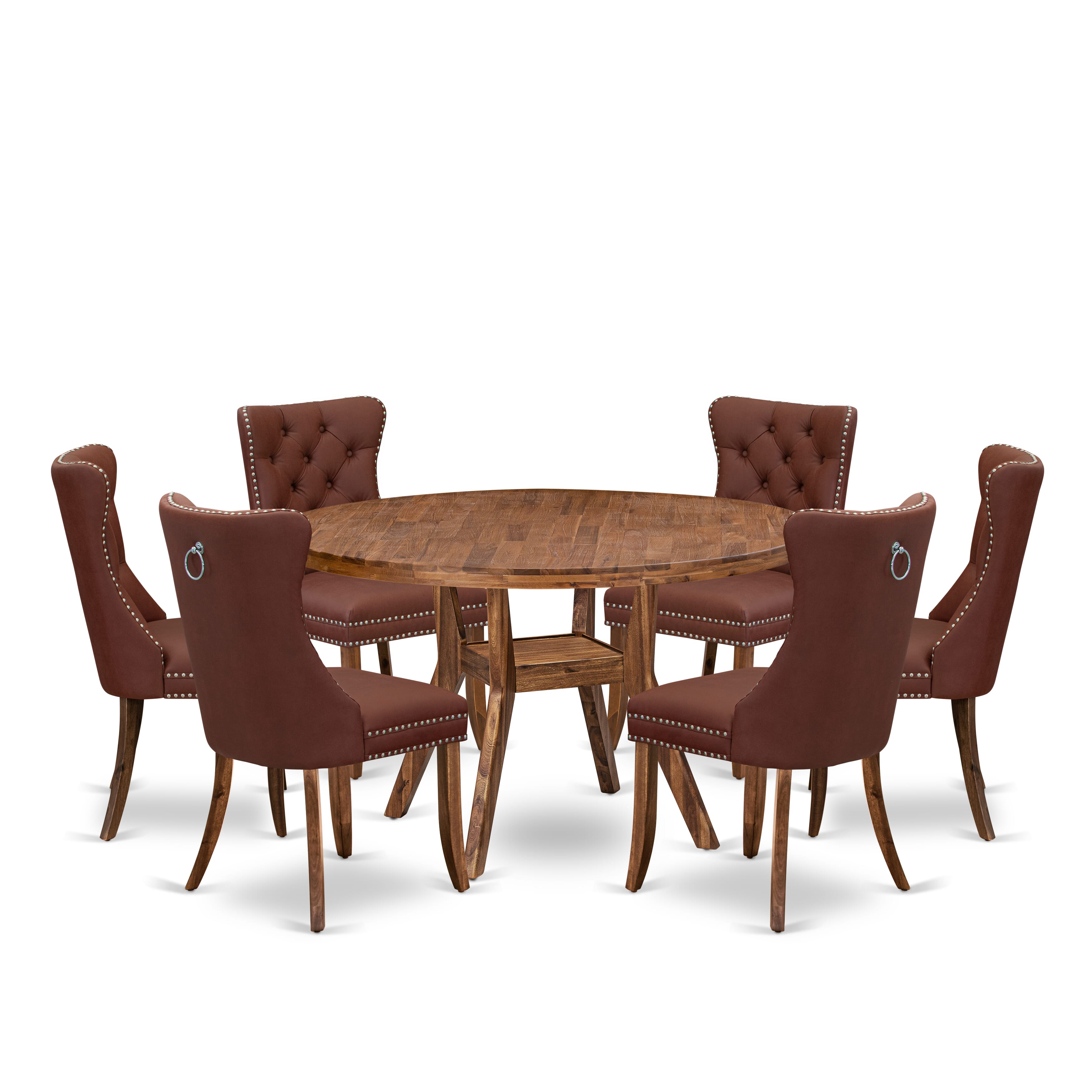 Luxe by East West Furniture I8DA7-50N-26 7-Pc Mid Century Dining Set Consist a Table and 6 Burgundy Faux Leather Upholstered Chairs with Button-Tufted Back, Antique Walnut