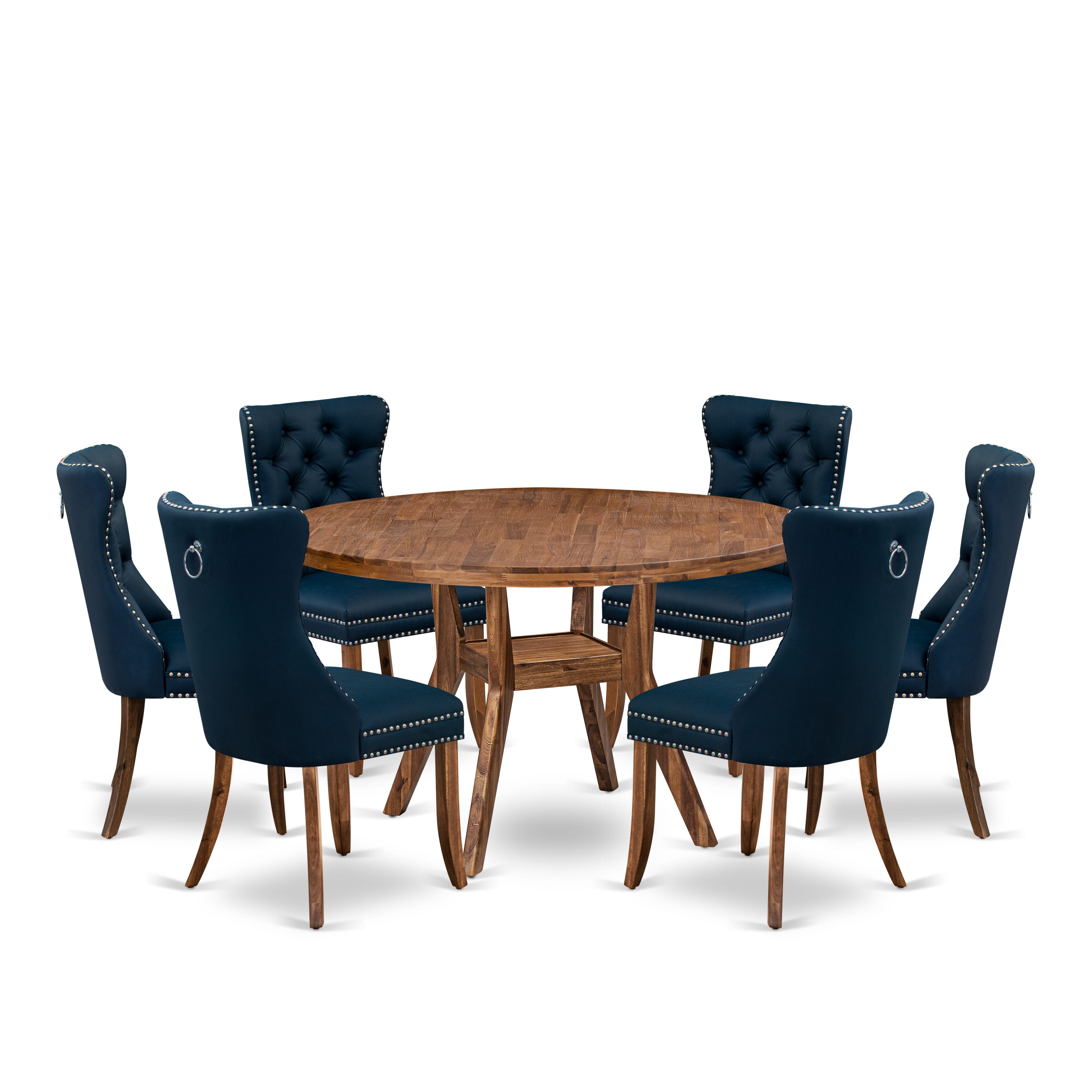 Luxe by East West Furniture I8DA7-50N-29 7-Piece Kitchen Table Set with Faux Leather 6 Navy Blue Padded dining chairs, Button-Tufted Backs, and a 54"Round Table in Antique Walnut Finish.