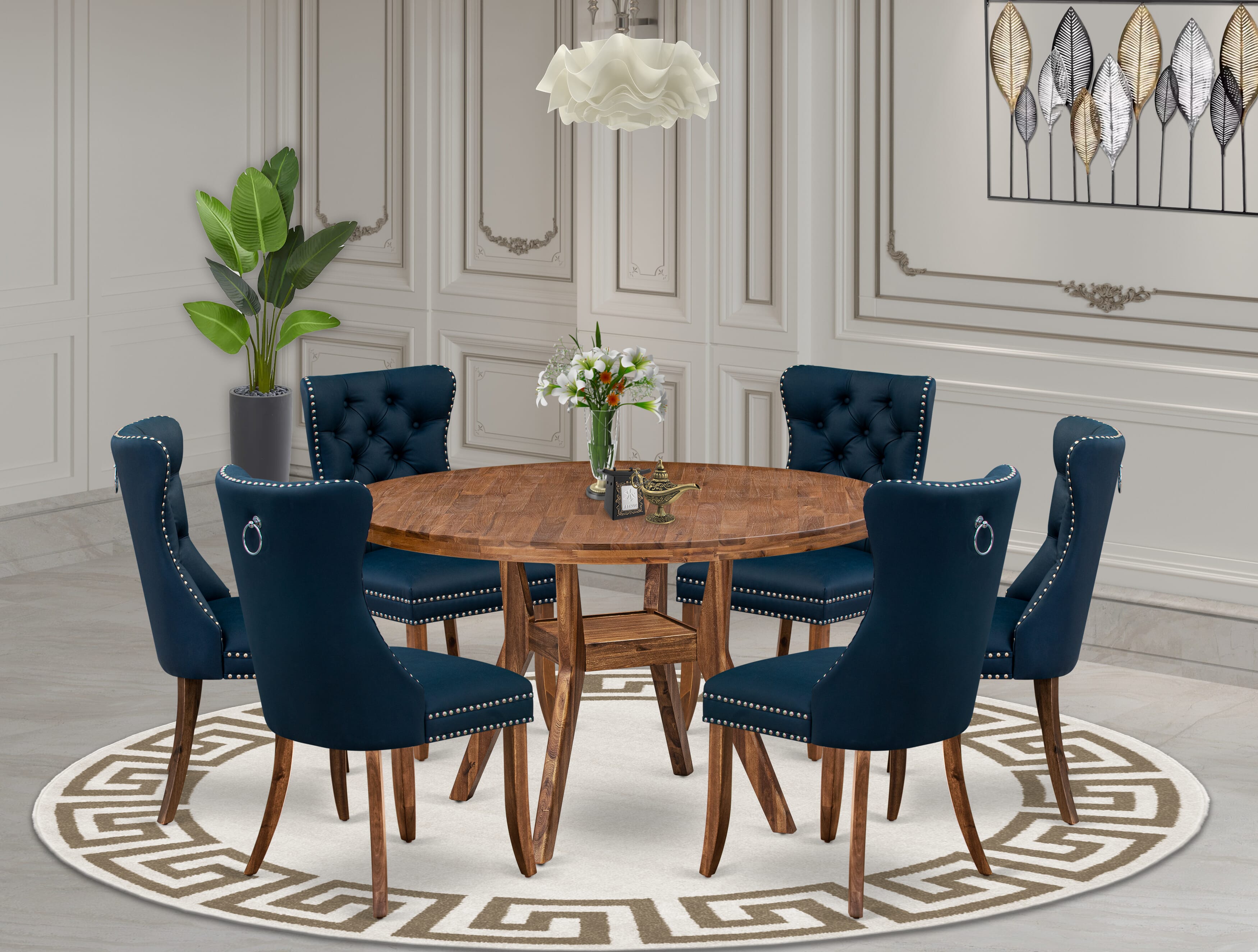 Luxe by East West Furniture I8DA7-50N-29 7-Piece Kitchen Table Set with Faux Leather 6 Navy Blue Padded dining chairs, Button-Tufted Backs, and a 54"Round Table in Antique Walnut Finish.