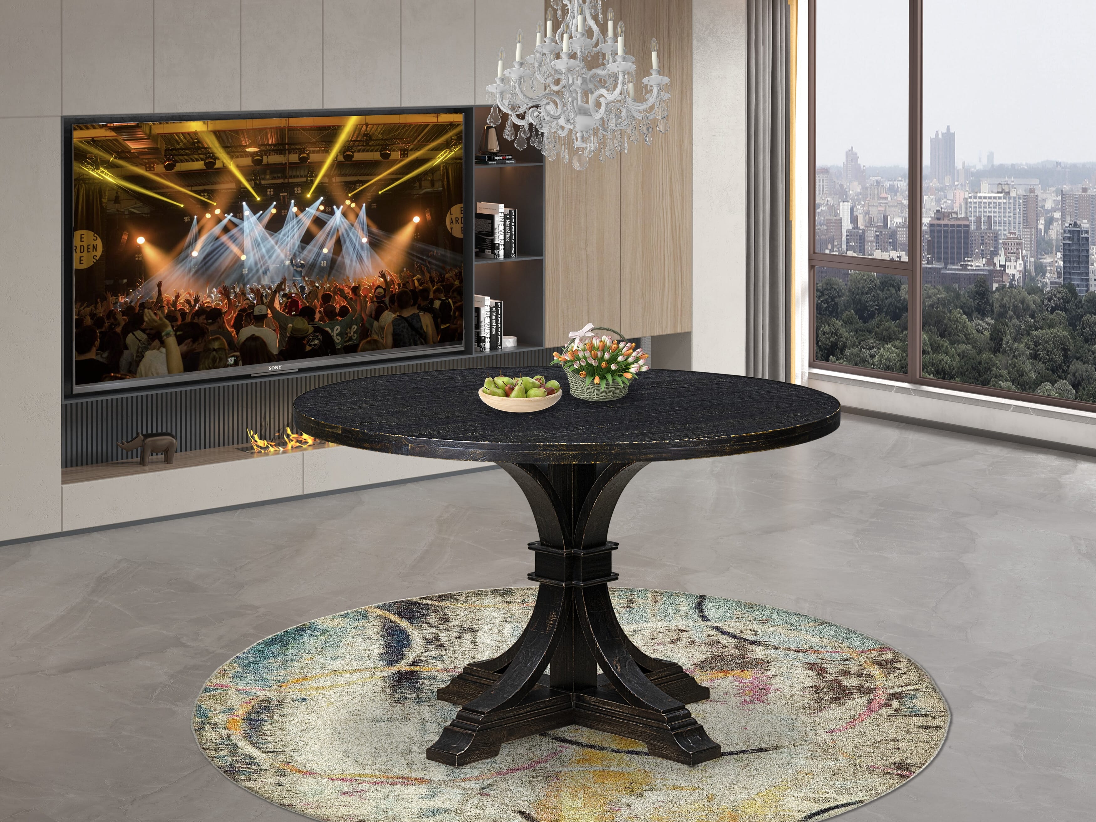 Luxe by East West Furniture I7DA5-411-22 5 Piece Dining Set Contains a 48" Round Table with Pedestal and 4 Willow Green Faux Leather Upholstered Chairs, Sand Blasted Black