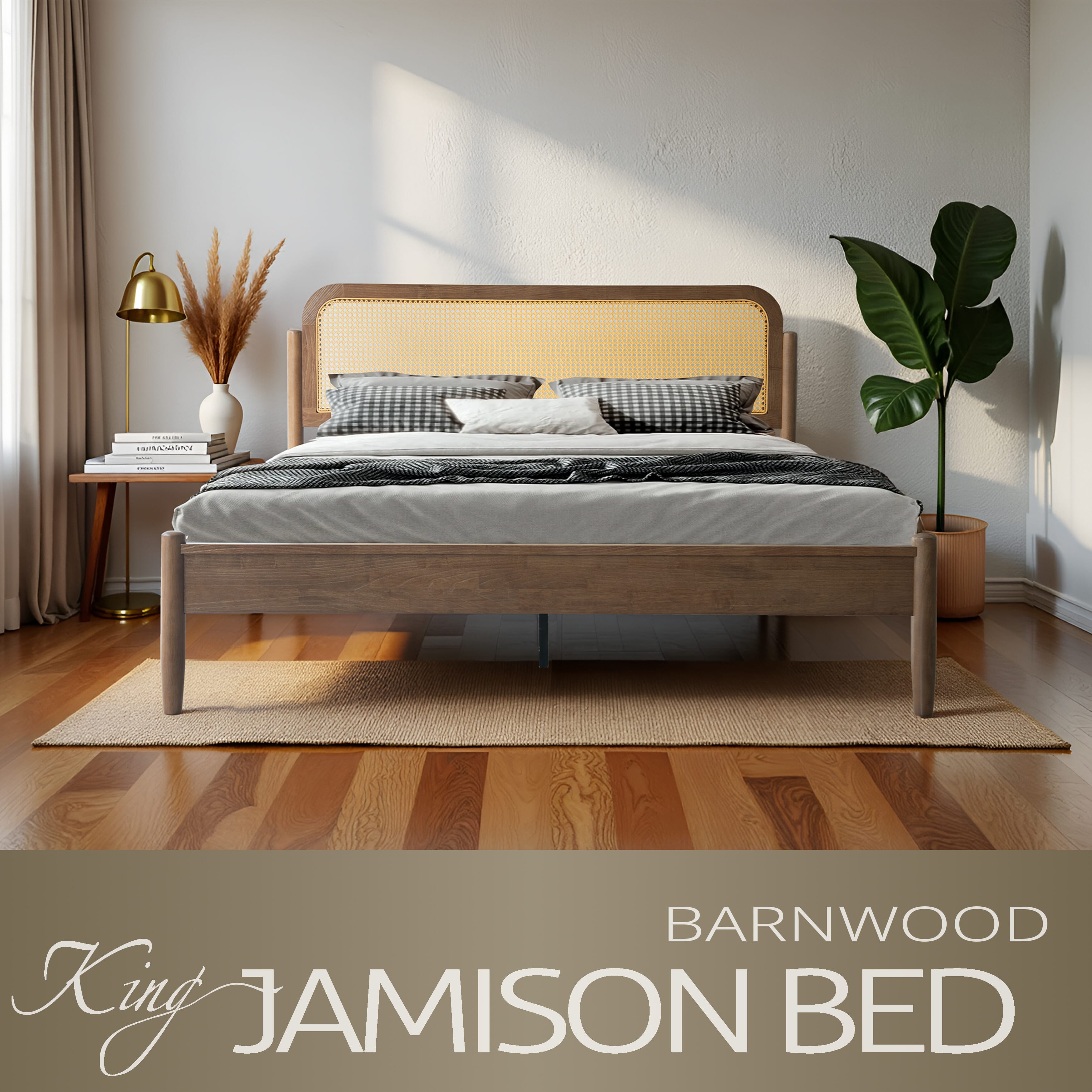 King Size Bed Frame, Headboard & Footboard Solid Wood Platform Bed, 12 Sturdy Slatted Base with Center Metal Legs, Easy Assembly, Noise-Free & Slip-Free, No Box Spring Needed, Barnwood Finish, JMK-30