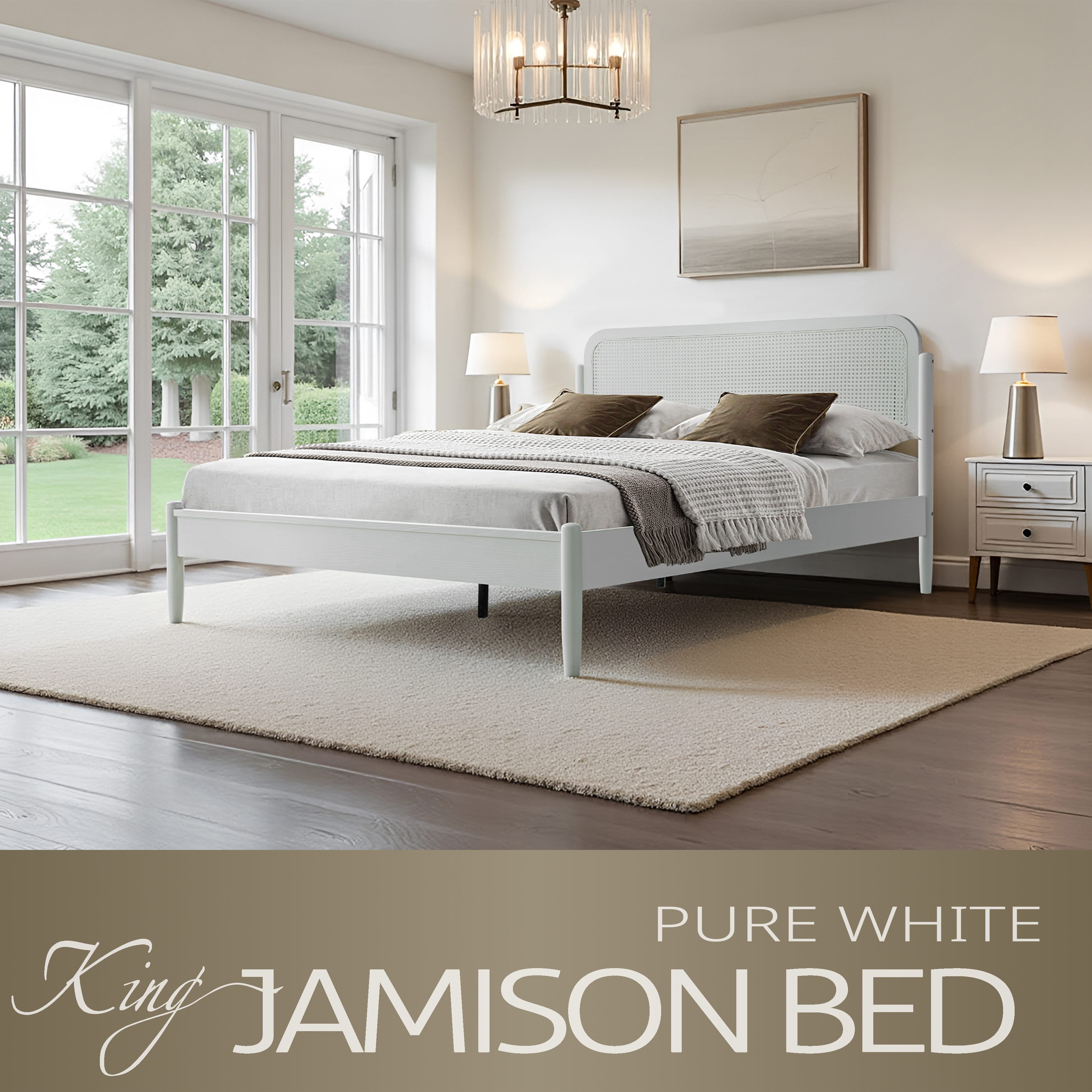King Size Frame Solid Wood Platform Bed, Headboard & Footboard, 12 Durable Slatted Base, Metal Legs, No Box Spring Needed, Anti-Slip & Noise-Free, Easy Assembly, Pure White Finish, JMK-39