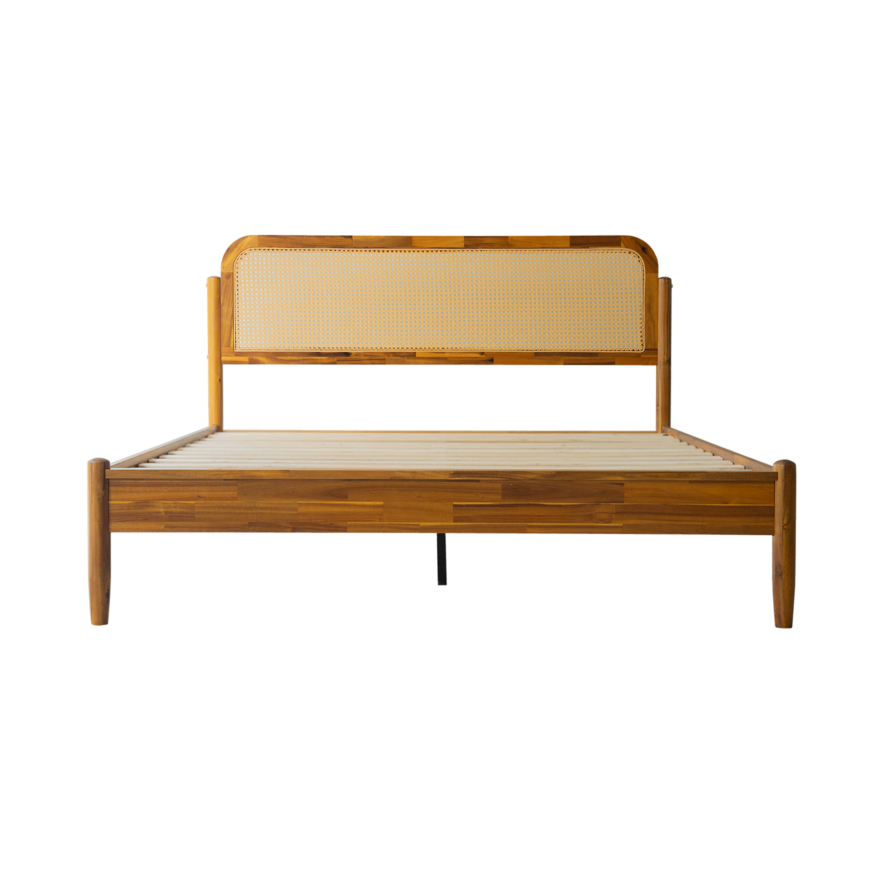 Queen Size Platform Bed Frame with Solid Wood Headboard & Footboard, Center Metal Legs, 12 Durable Slatted Base, Easy Assembly, No Box Spring Needed, Noise-Free, Acacia Honey Finish, JMQ-38